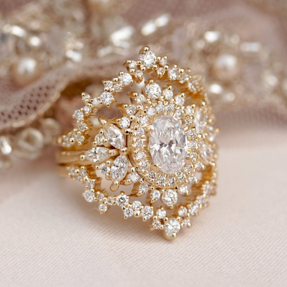 Double Halo Oval Diamond Engagement Ring with Ring Guard Enhancer - "Monaco" made by silly shiny diamonds , yellow gold 
