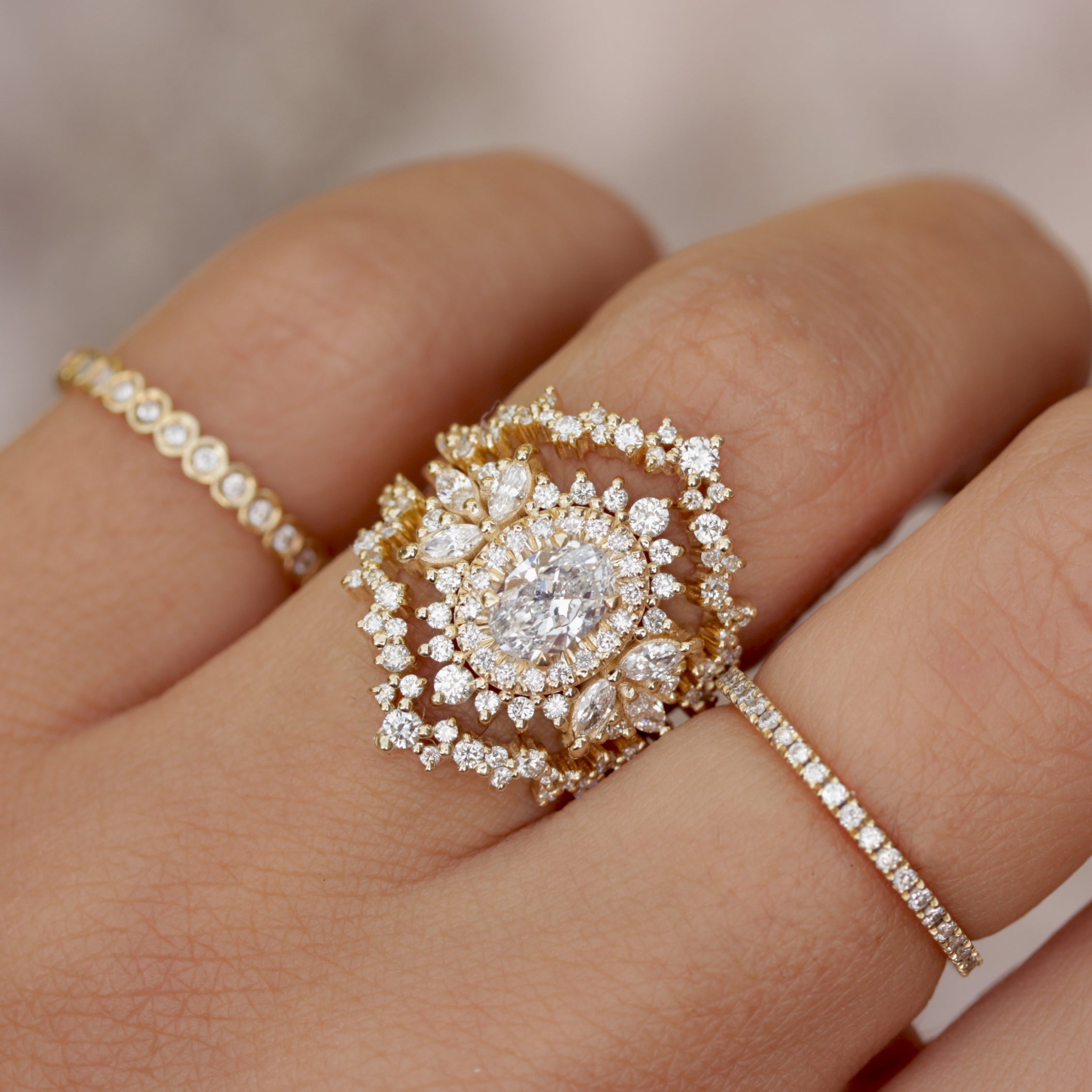 Double Halo Oval Diamond Engagement Ring with Ring Guard Enhancer - "Monaco" made by silly shiny diamonds , yellow gold 