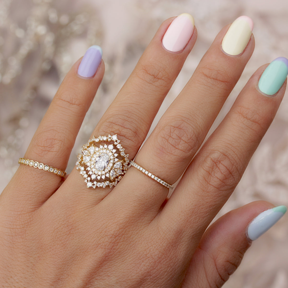 Double Halo Oval Diamond Engagement Ring with Ring Guard Enhancer - "Monaco" made by silly shiny diamonds , yellow gold 
