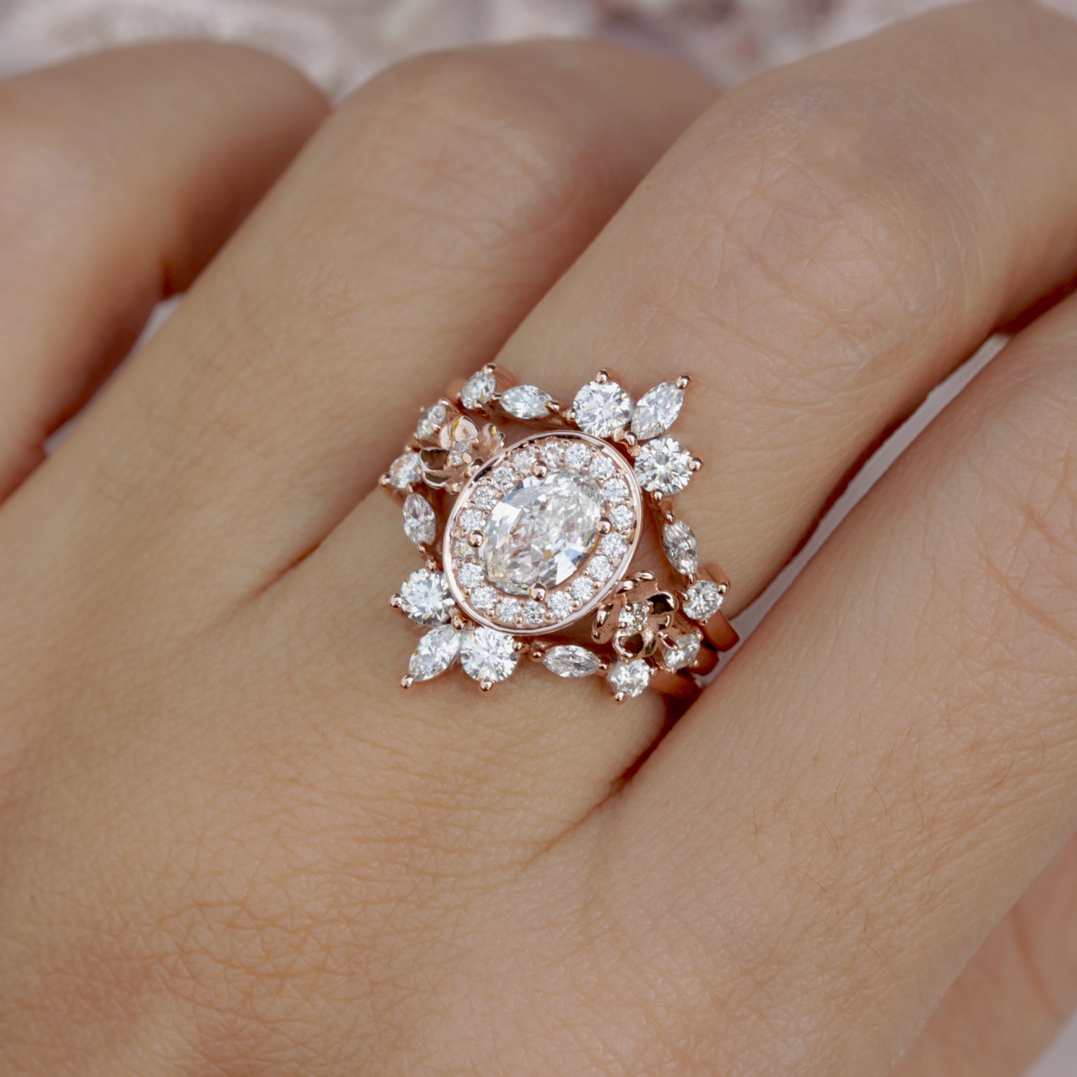 Oval Diamond Floral Engagement Ring with One Nesting Ring - "Antheia" & "Iceland" ♥