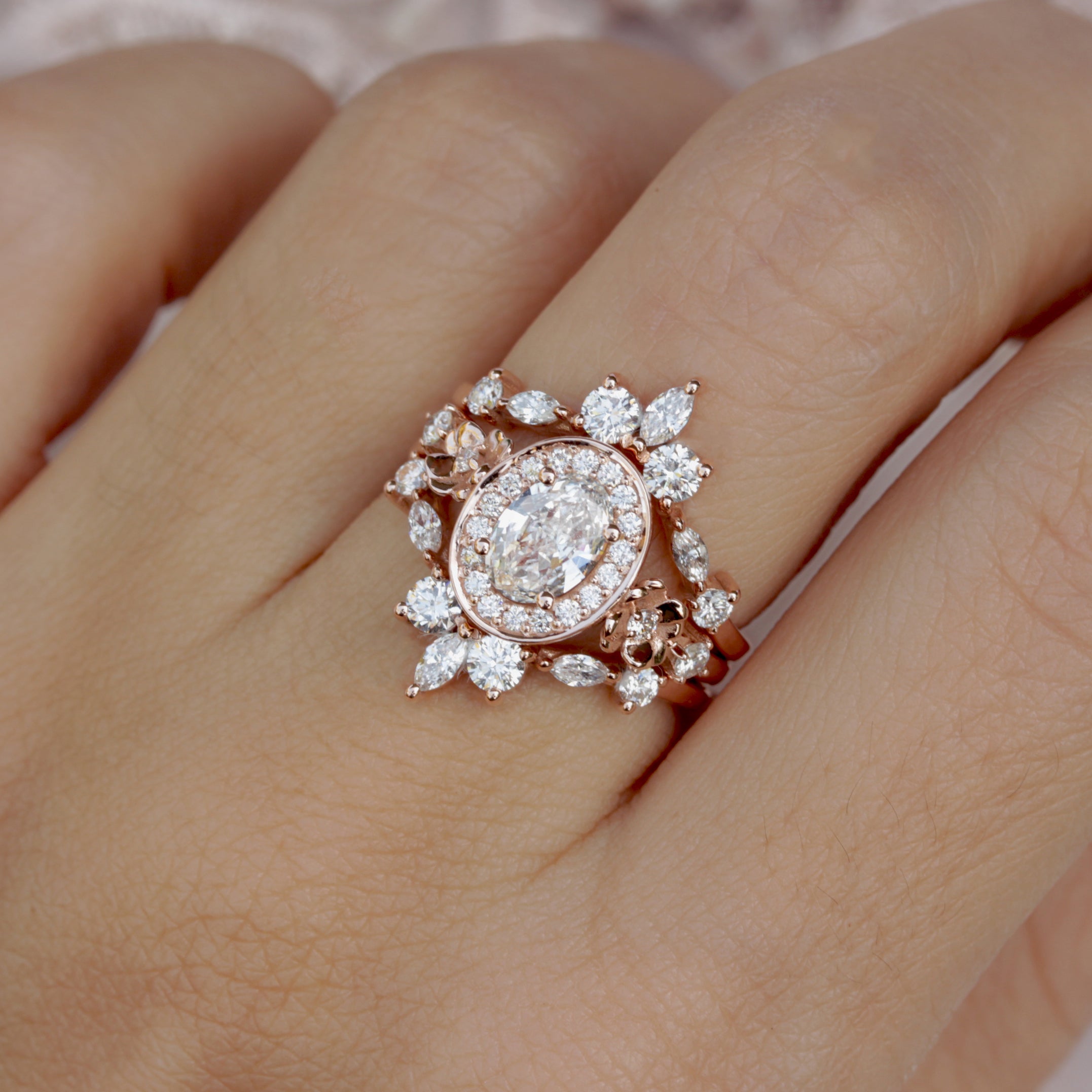 Oval Halo Diamond Floral Engagement Ring - "Antheia"