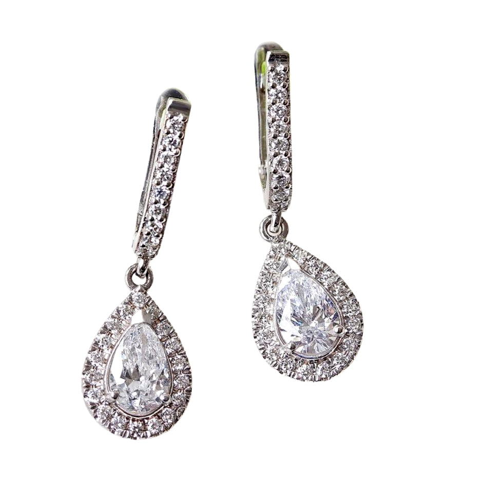 Huggie earrings pear diamond halo drop