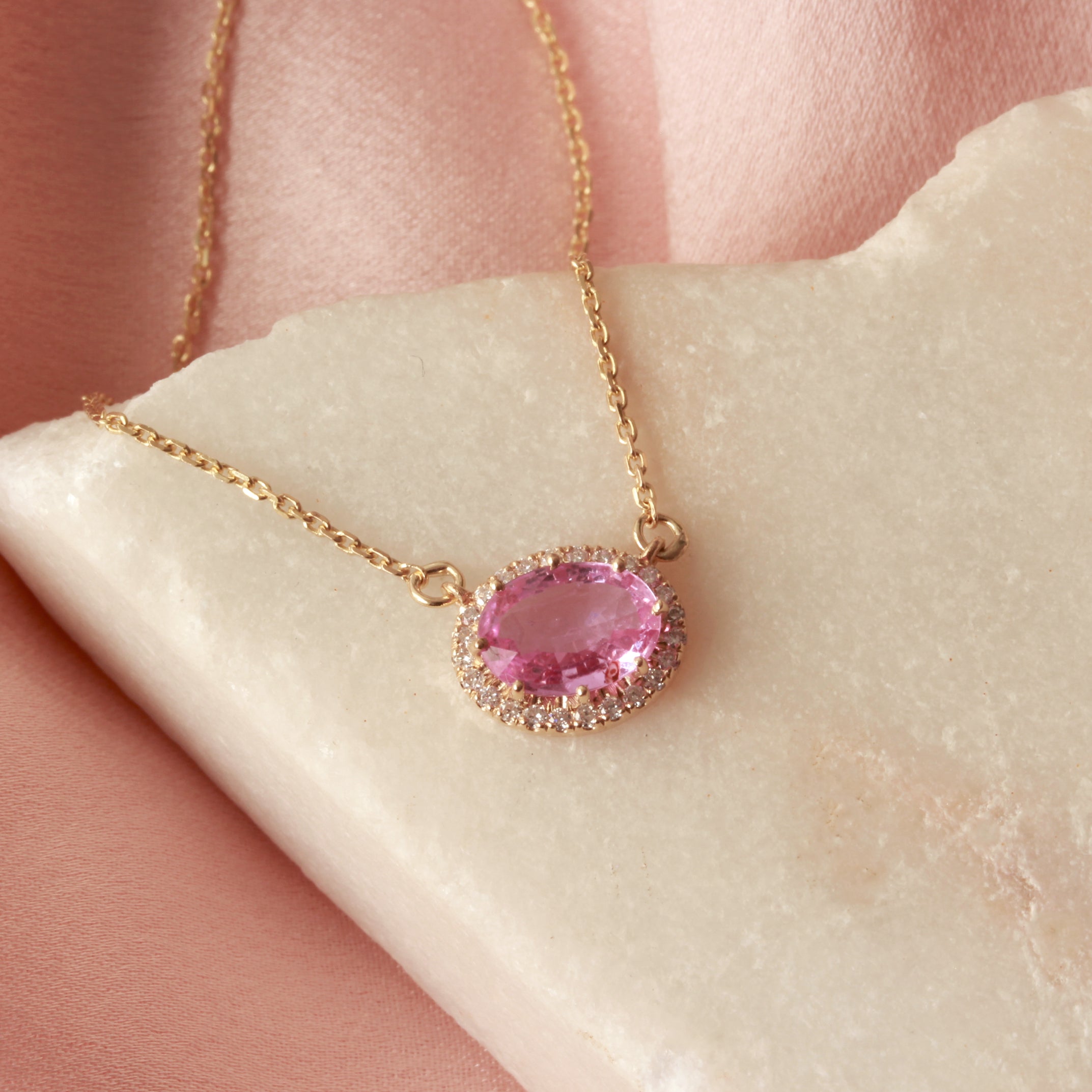 Oval Pink Sapphire Halo Pendant Necklace