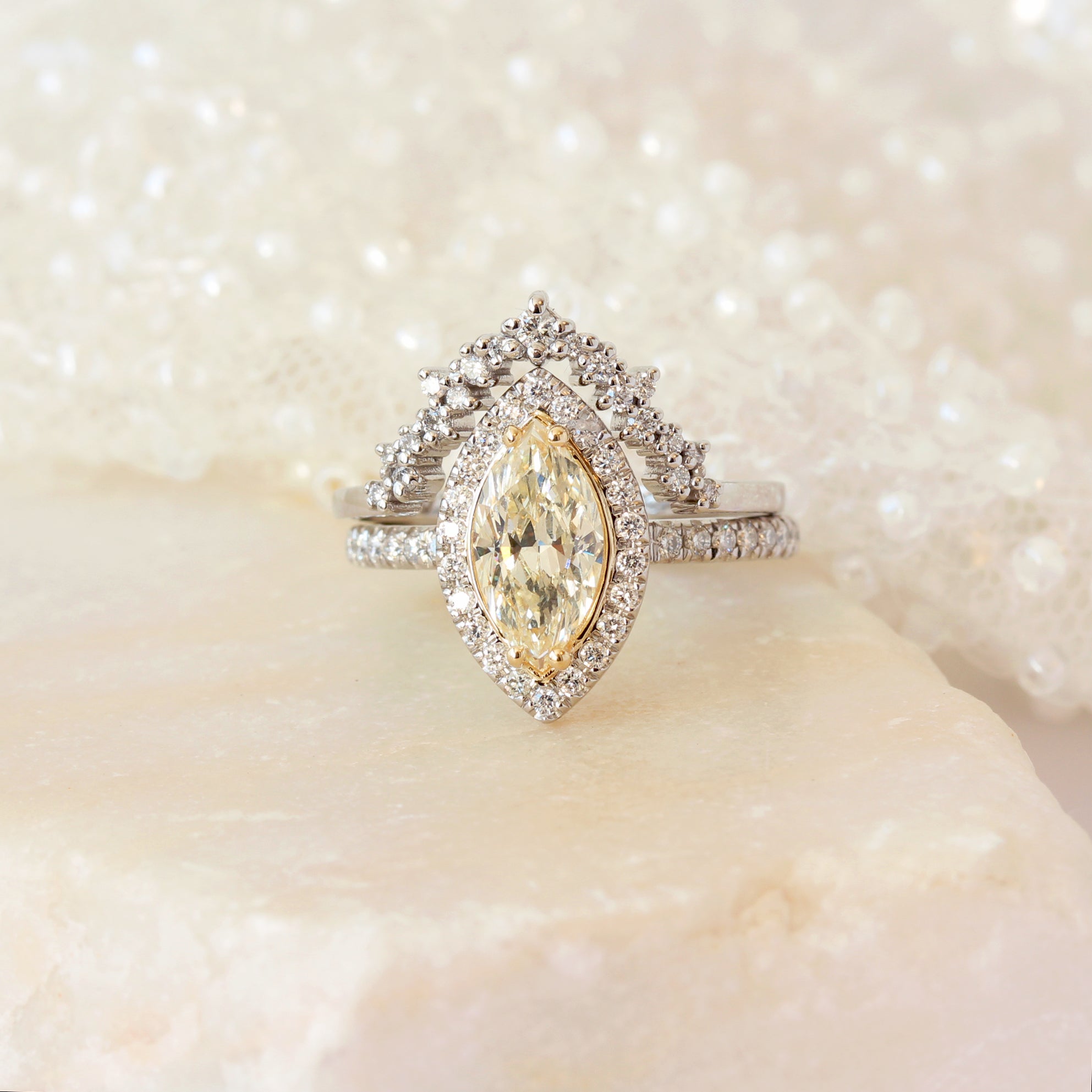 Marquise Yellow Halo Diamond Wedding Two Ring Set - Daisy & Stardust ♥