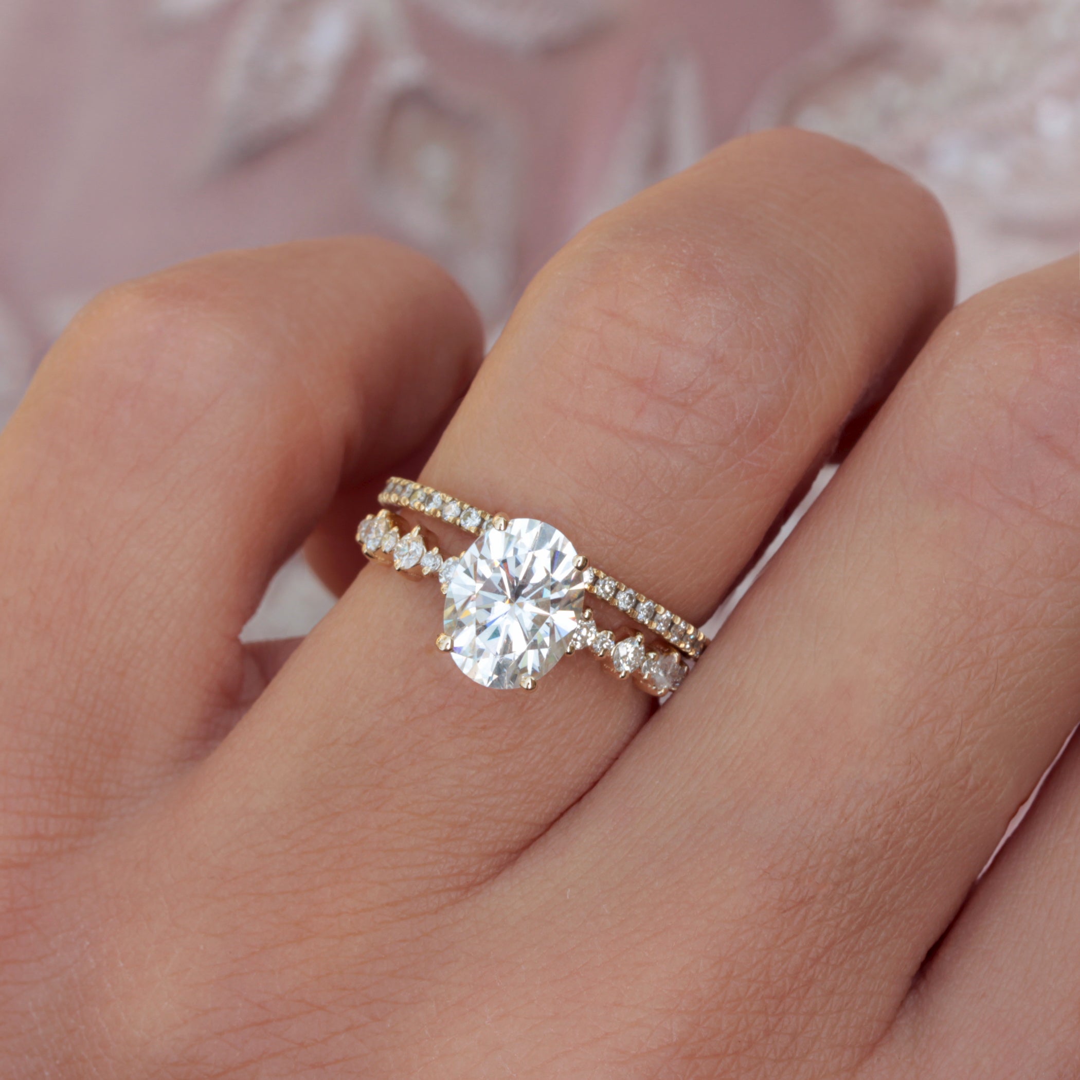Oval Moissanite Classic Engagement Ring with Diamond Band - Margo - 14K Yellow Gold, size 6 - READY TO SHIP!