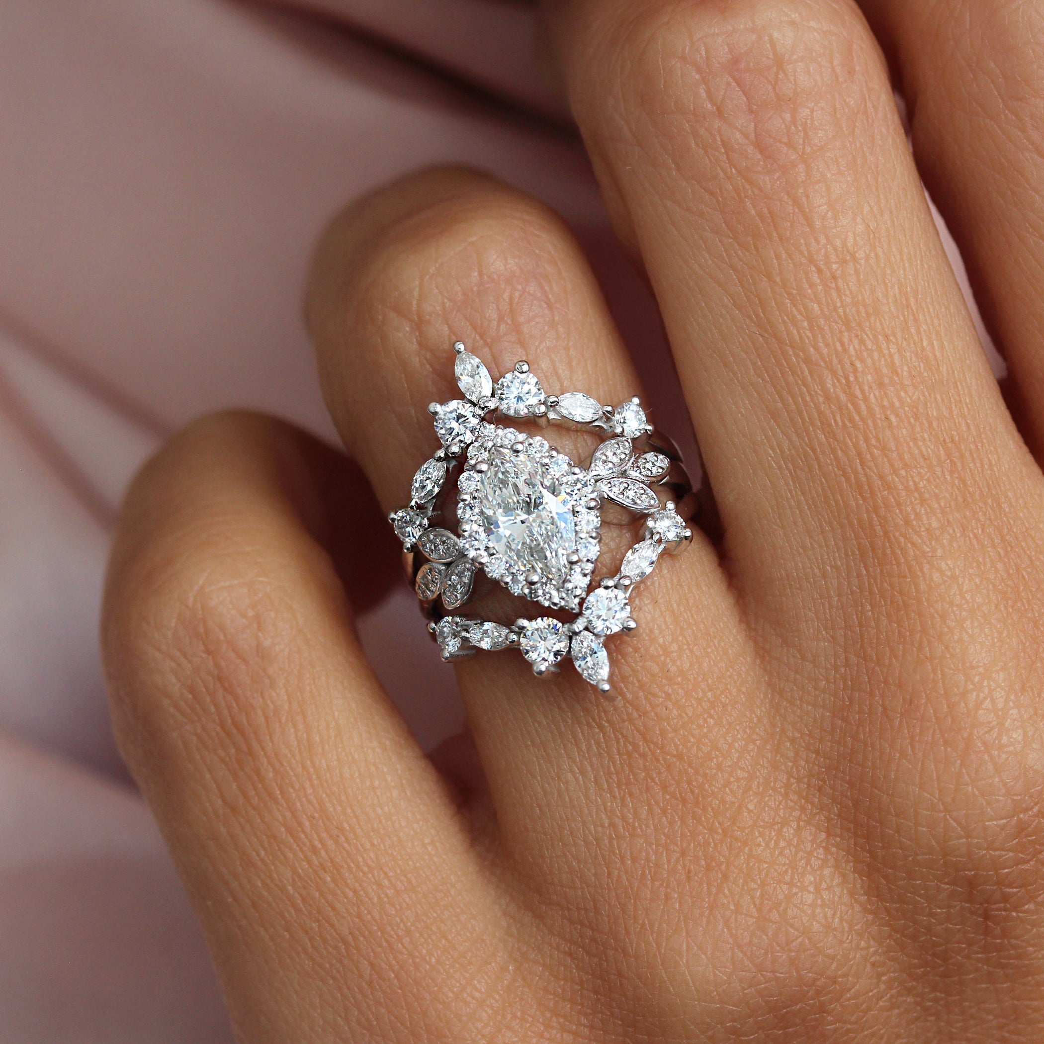 "Minimal Lily" Marquise Diamond Floral Engagement three Ring Set white gold silly shiny diamonds