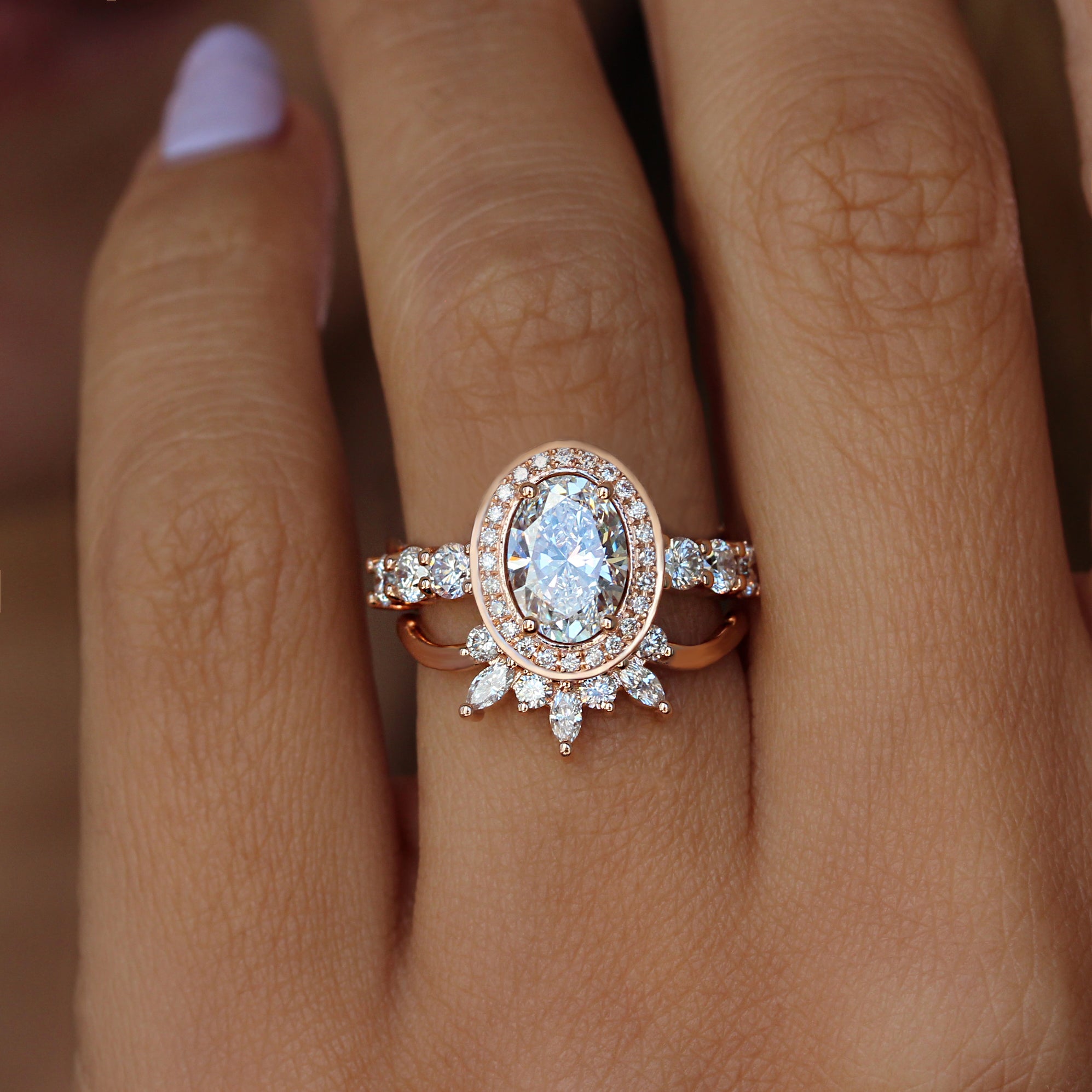Modern Oval Halo Diamond Engagement Ring with Two Matching Crown Nesting Band, Scarlett + Athena Crown