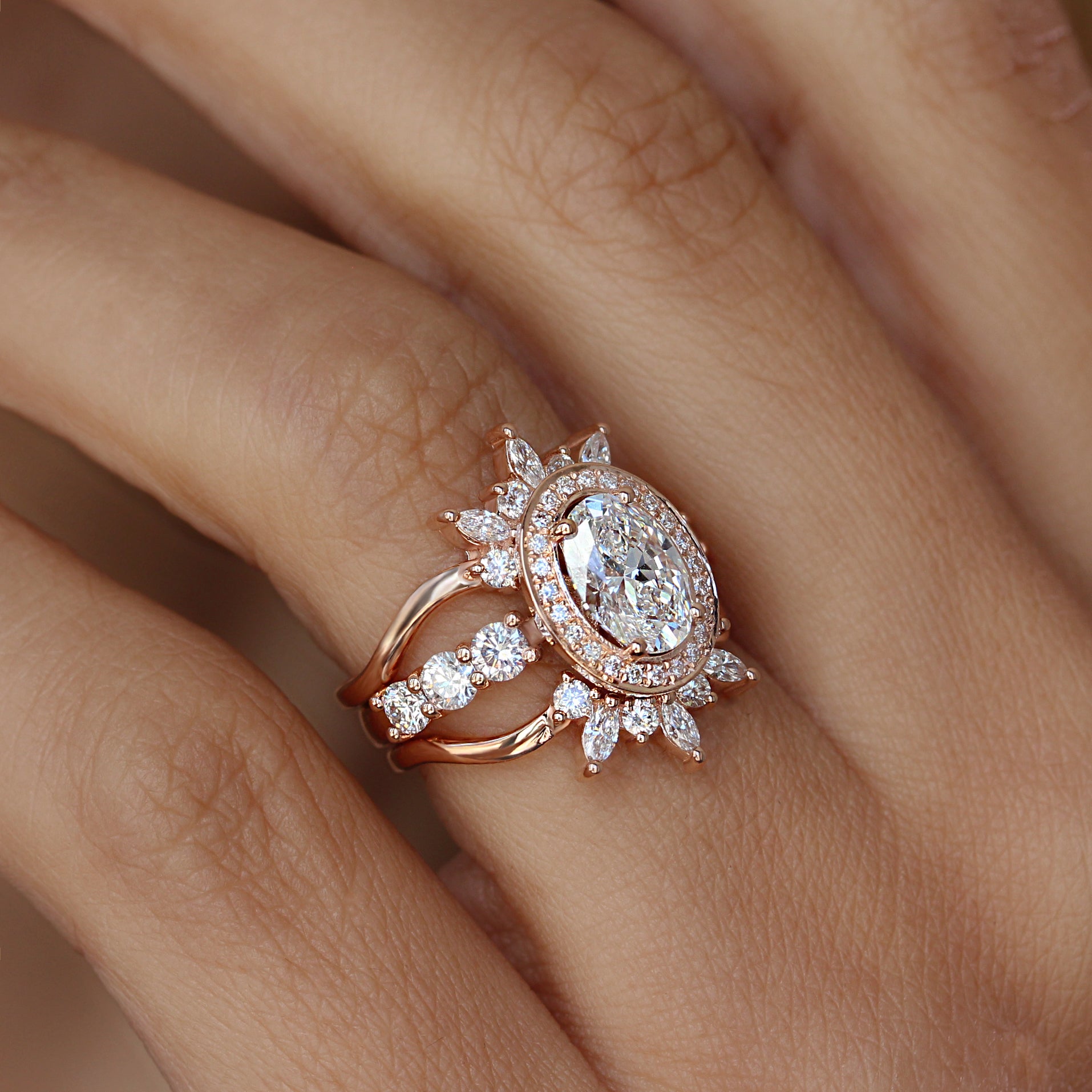 Modern Oval Halo Diamond Engagement Ring with Two Matching Crown Nesting Band, Scarlett + Athena Crown