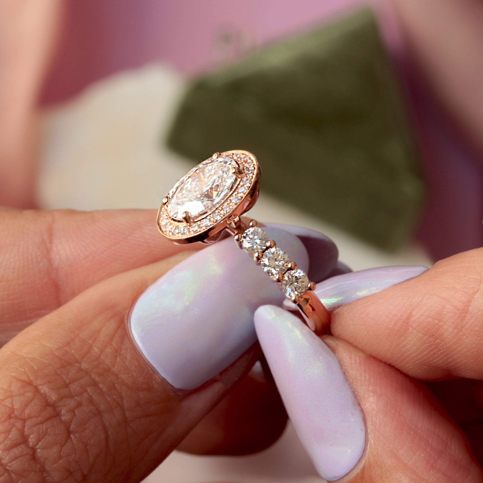 Oval Halo Diamond Engagement Ring with Pearl Nesting Band Wedding