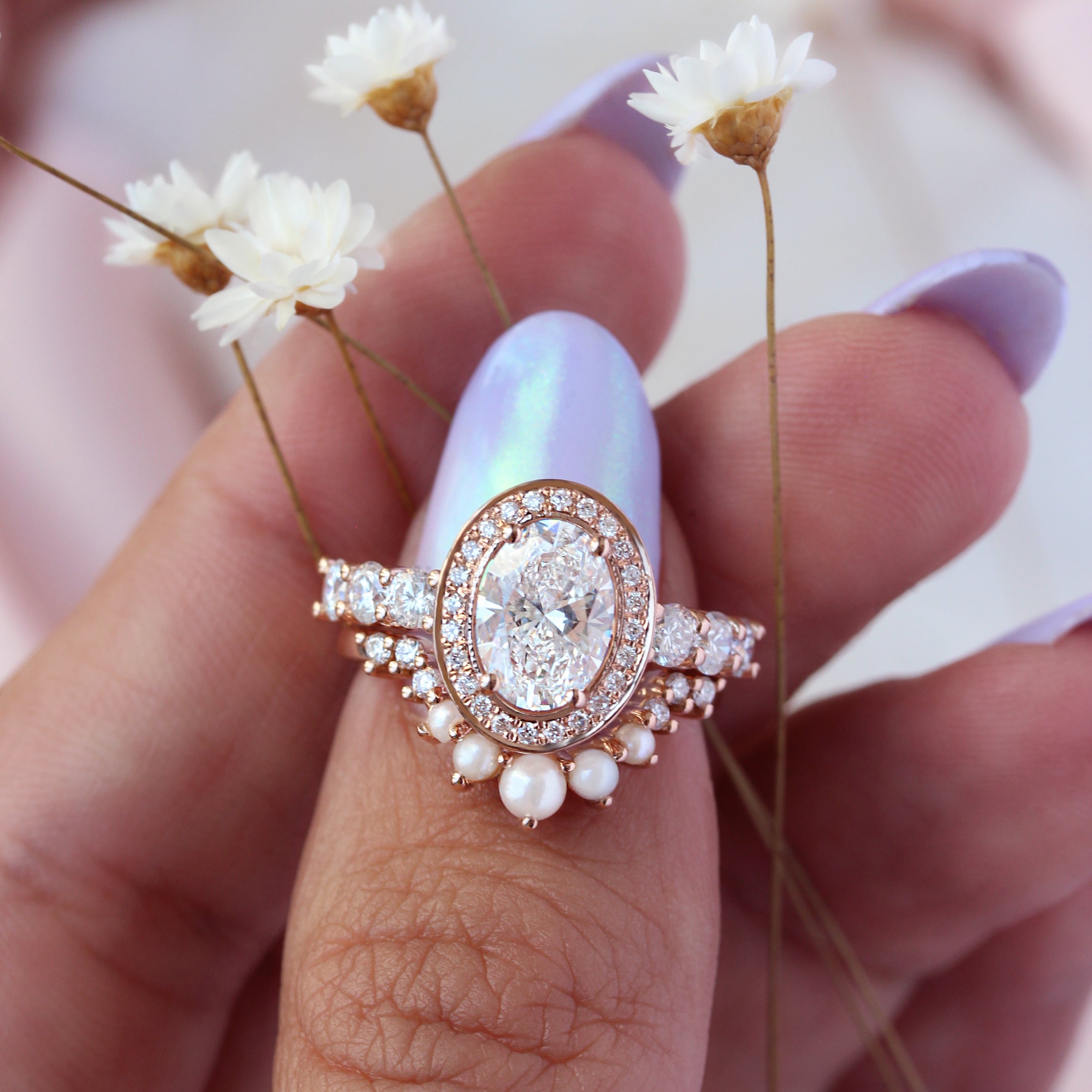 Oval Diamond Halo 1.5ct Engagement Ring Scarlett pearls and diamond nesting ring rose gold 