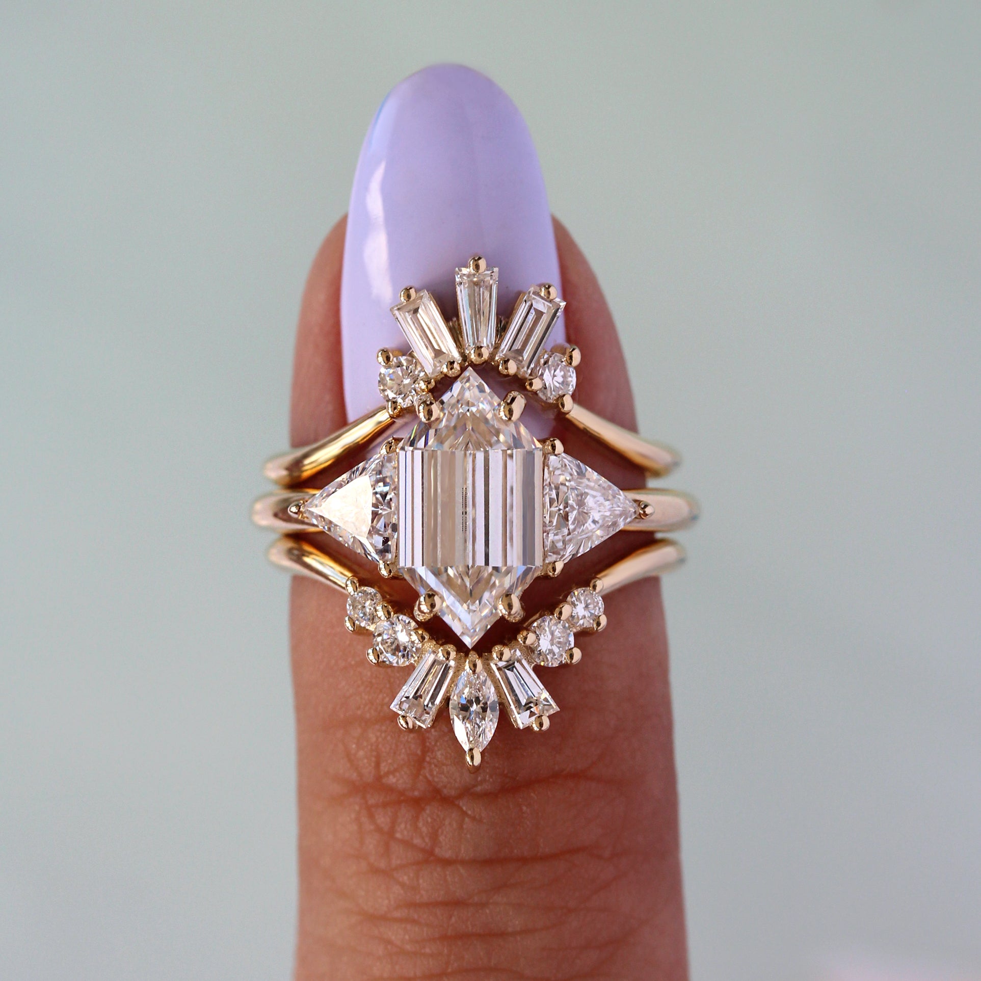 Elongated Hexagon Lab Diamond Three Stone Engagement Ring & Two Nesting Bands ♥