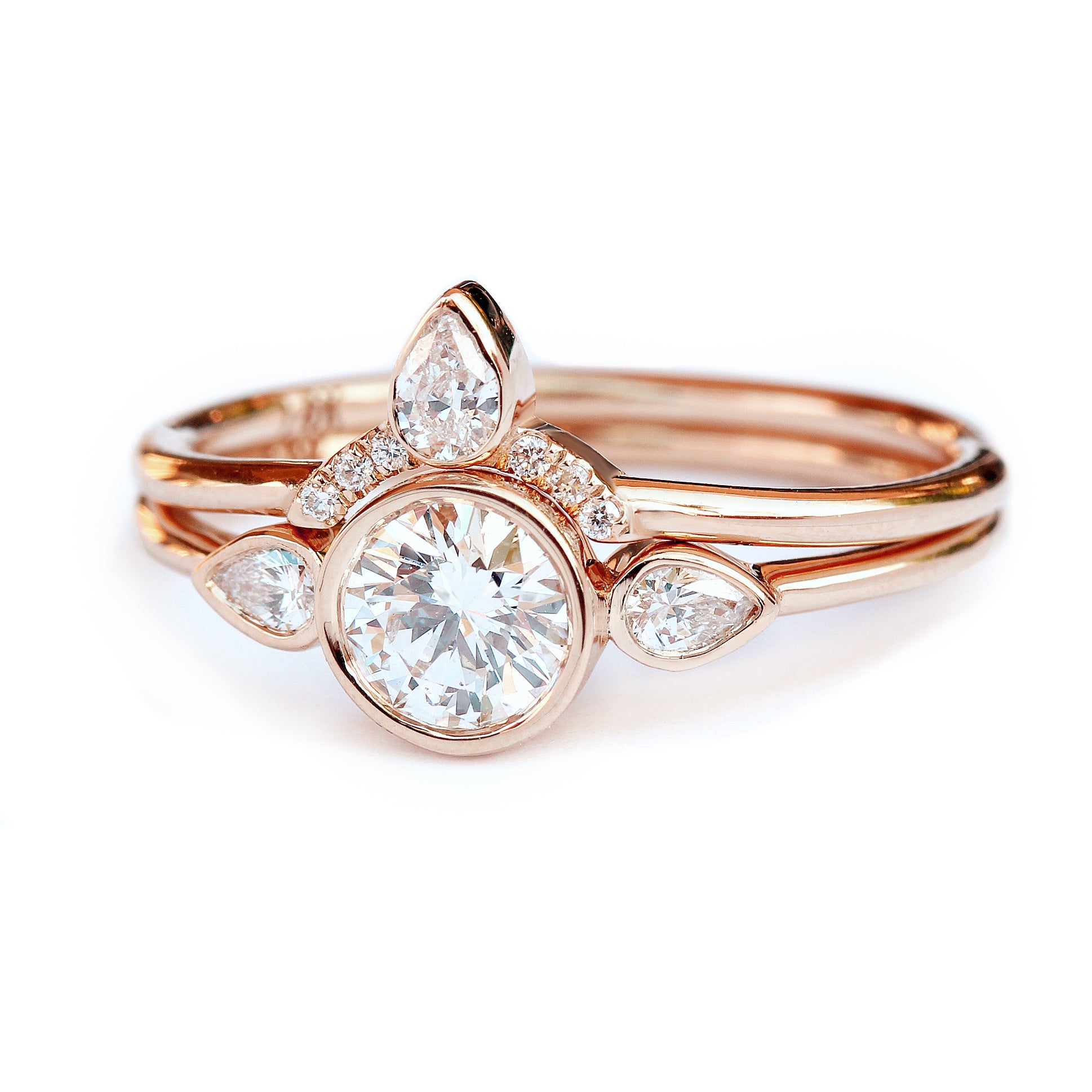 Three stone Engagement Diamond Bezel Ring Set