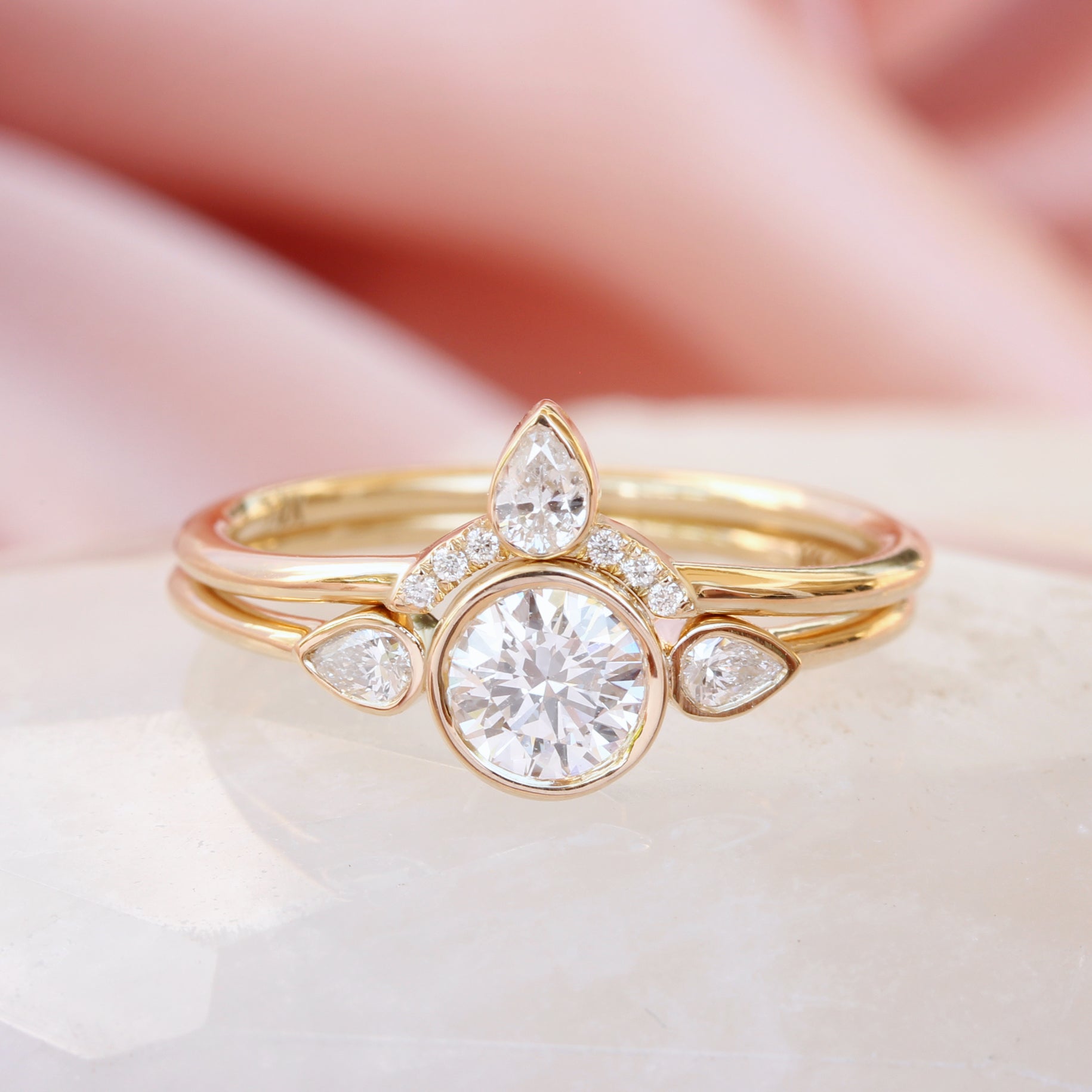 Three stone Engagement Diamond Bezel Ring Set
