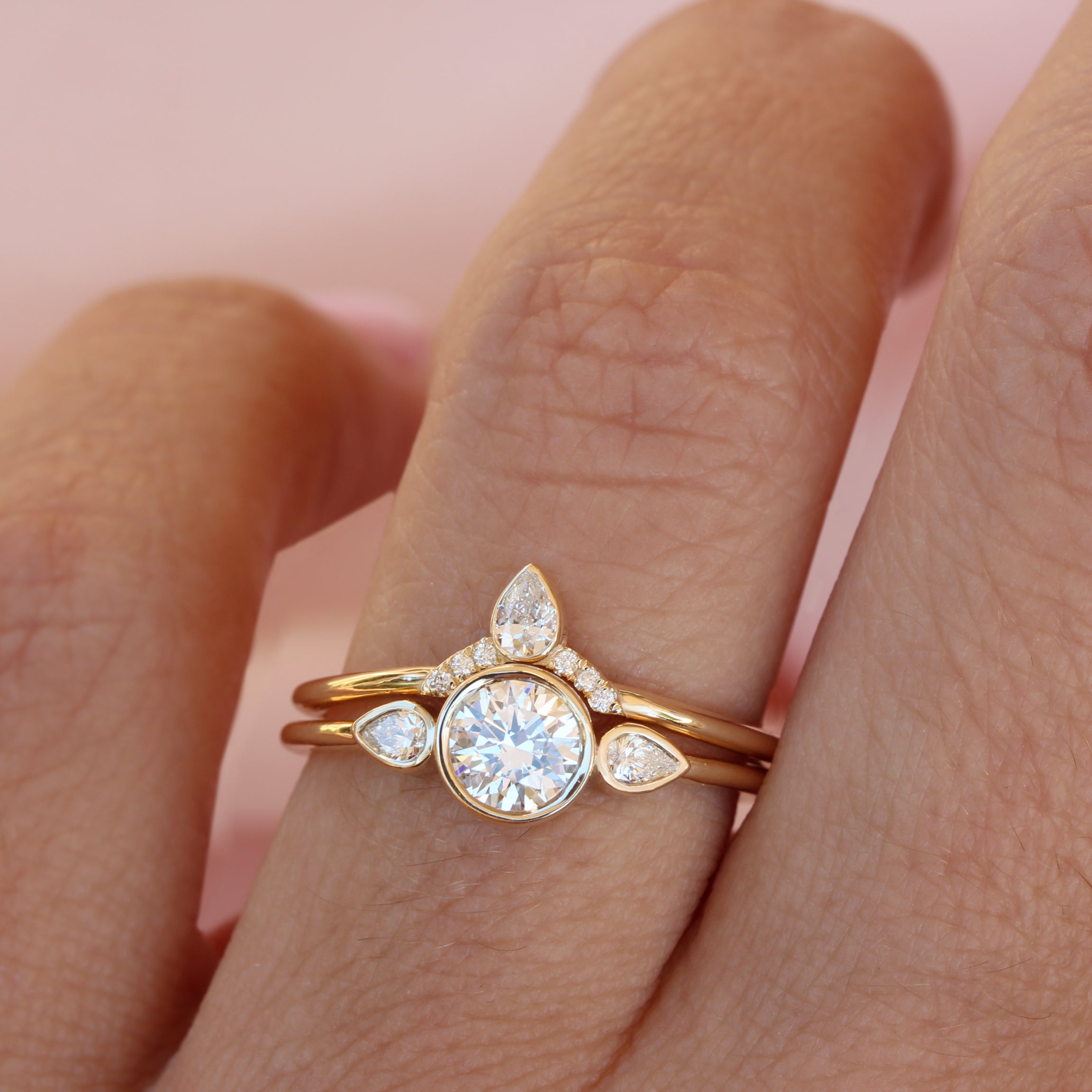 Three stone Engagement Diamond Bezel Ring Set - 14K Yellow Gold, Size 7, READY TO SHIP!