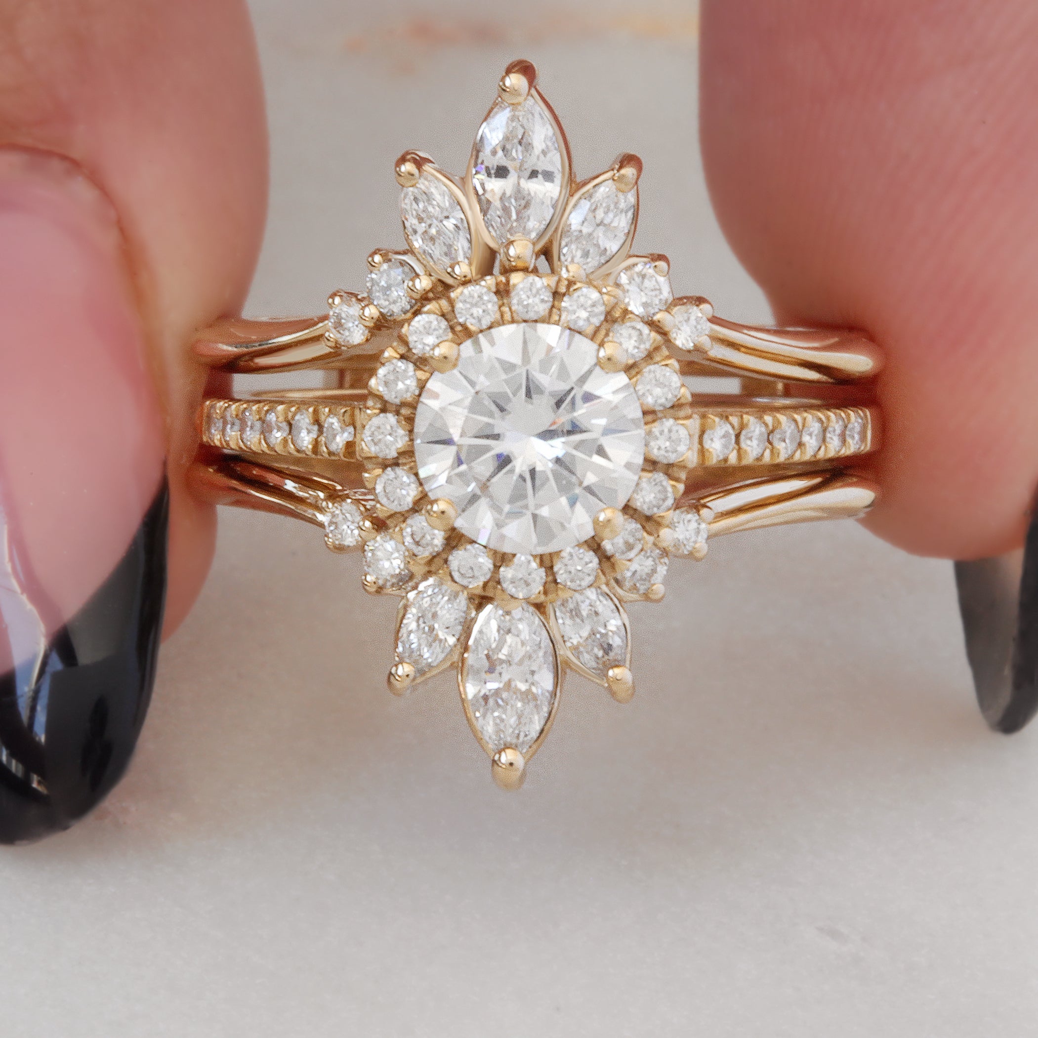 Round diamond halo engagement ring "Lady" & Diamond Ring Guard Enhancer "Danielle" - Bridal Two Ring Set