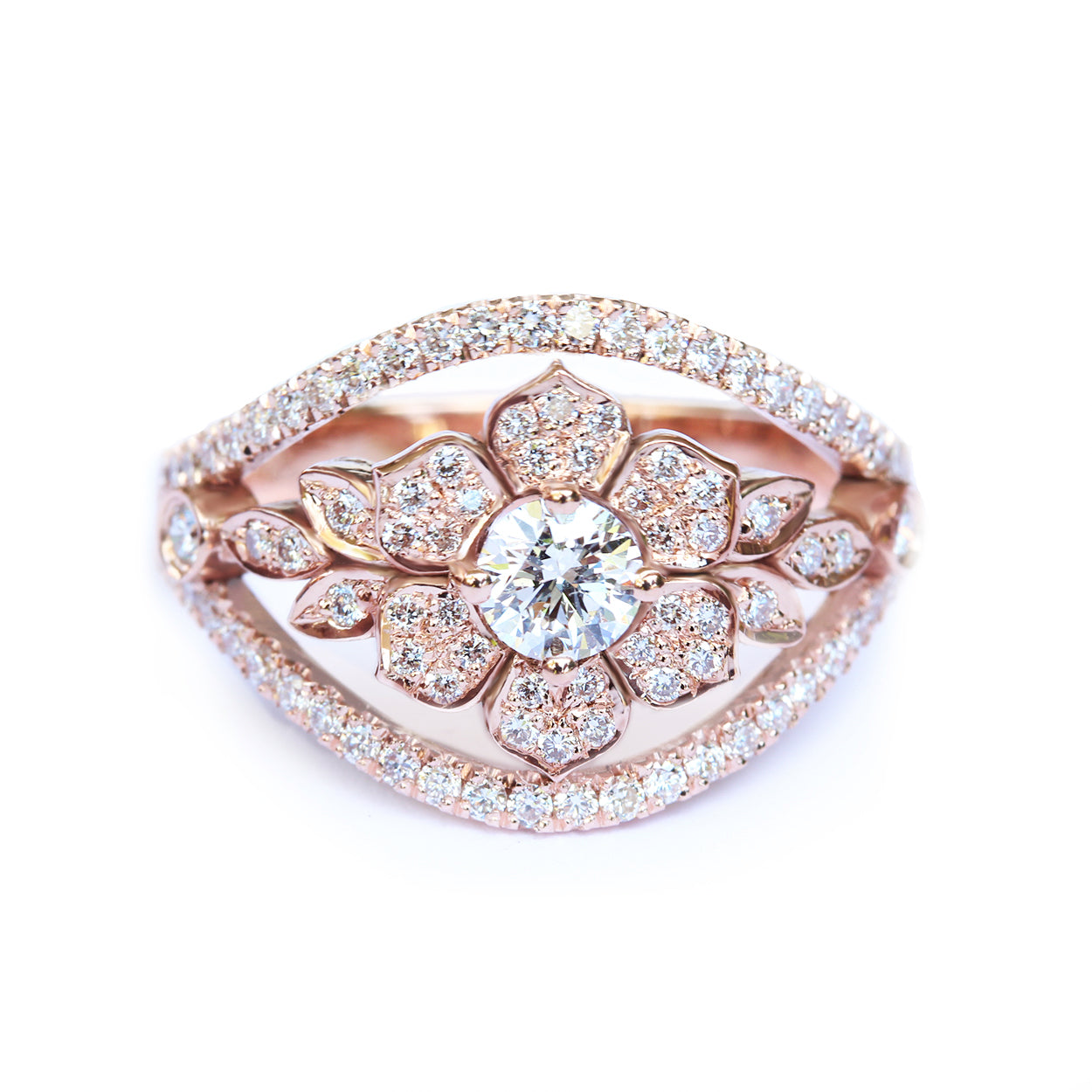 OOAK Lilly Flower Garden Diamond Ring, 14K Rose Gold, Ring Size 7