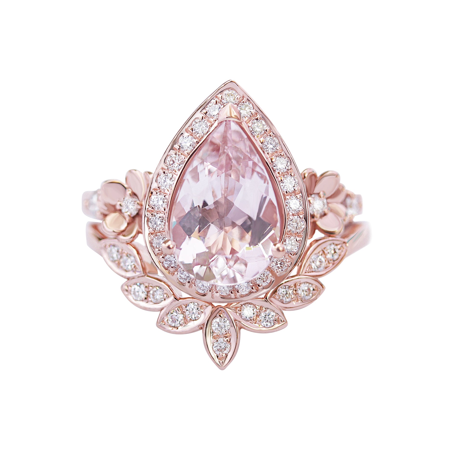 2 carat Pear Pink Morganite and 7 Leaves Diamond Sideband, Wedding Ring Set-  "Antheia Bloom"