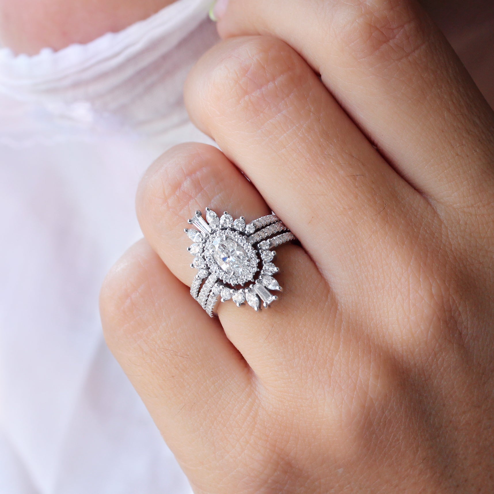 Oval Diamond Art Deco Wedding Ring Set, Maia
