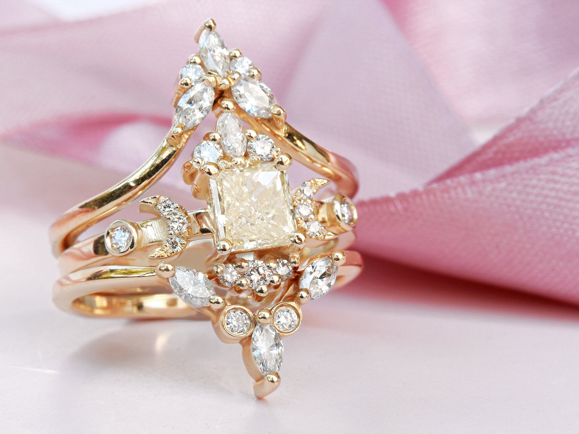 Celestial Doorway to Heaven Hindi Moon Phase Square Diamond Engagement Ring & Amber Nesting Ring - sillyshinydiamonds
