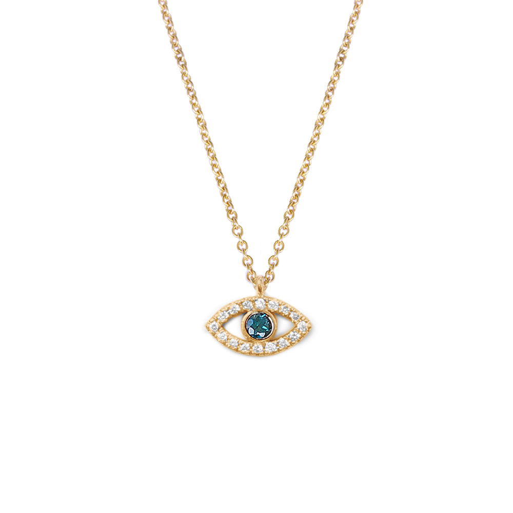 Mini Evil Eye Pave Diamond / Blue Topaz Charm Necklace