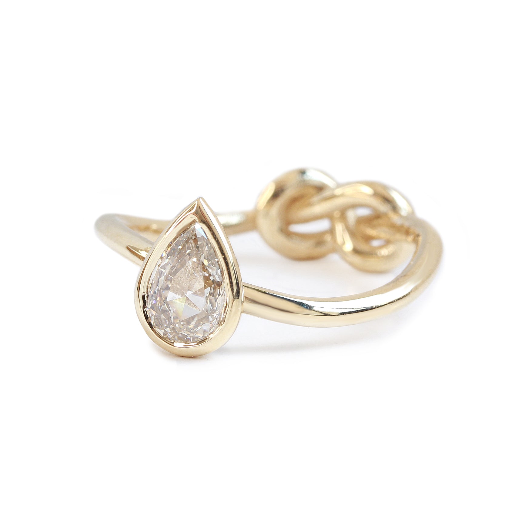 OOAK Solitaire Bezel Set, Rose Cut Pear Shape, Champagne Diamond Infinity Knot Engagement Ring, 14K Yellow Gold, Size 6
