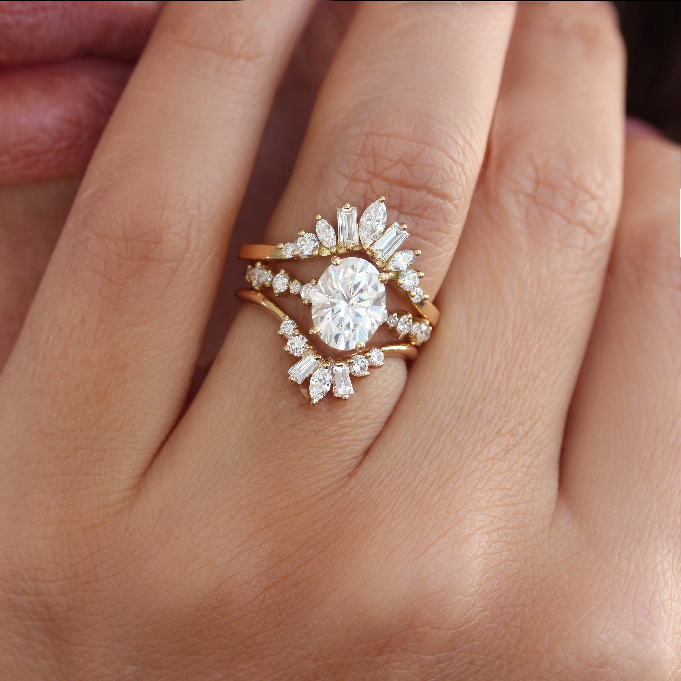 Oval Diamond Dots Band Classic Engagement ring Margo With Nesting Sidebands Ally V & Billy - Bridal Three Rings Set