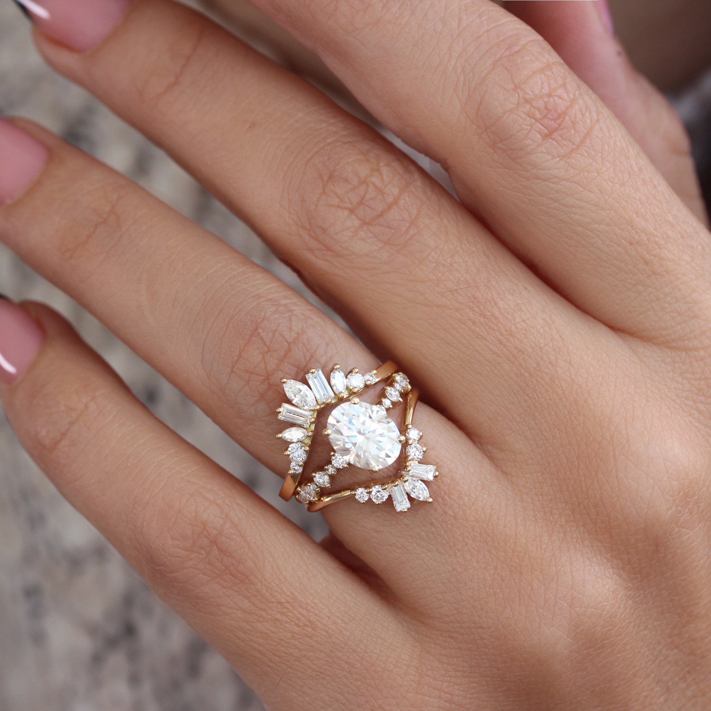 Oval Diamond Dots Band Classic Engagement ring Margo With Nesting Sidebands Ally V & Billy - Bridal Three Rings Set