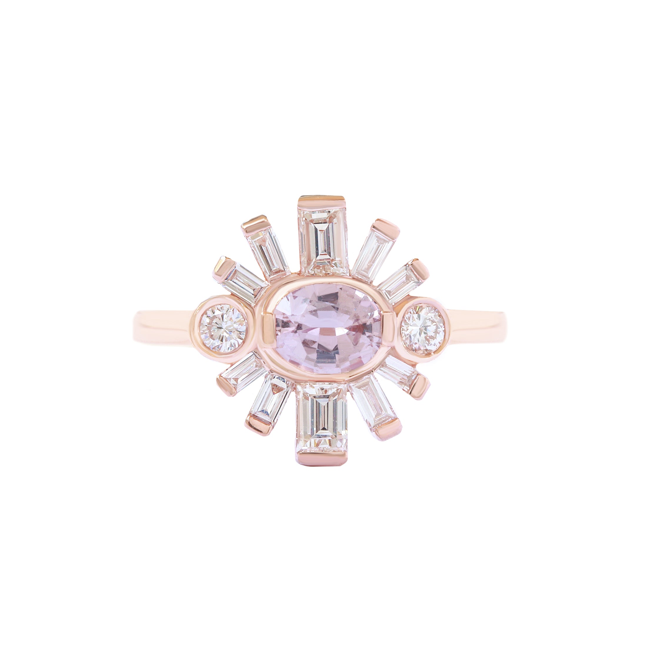 Oval Pink Sapphire & Baguette Diamonds Sun Ring
