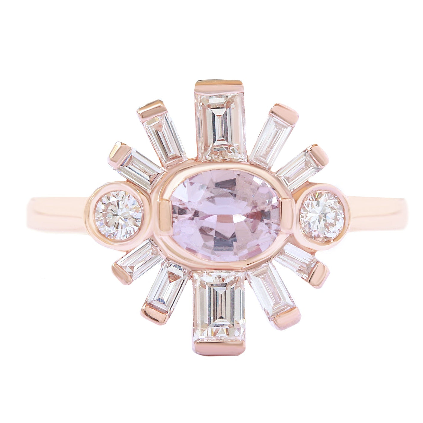 Oval Pink Sapphire & Baguette Diamonds Sun Ring