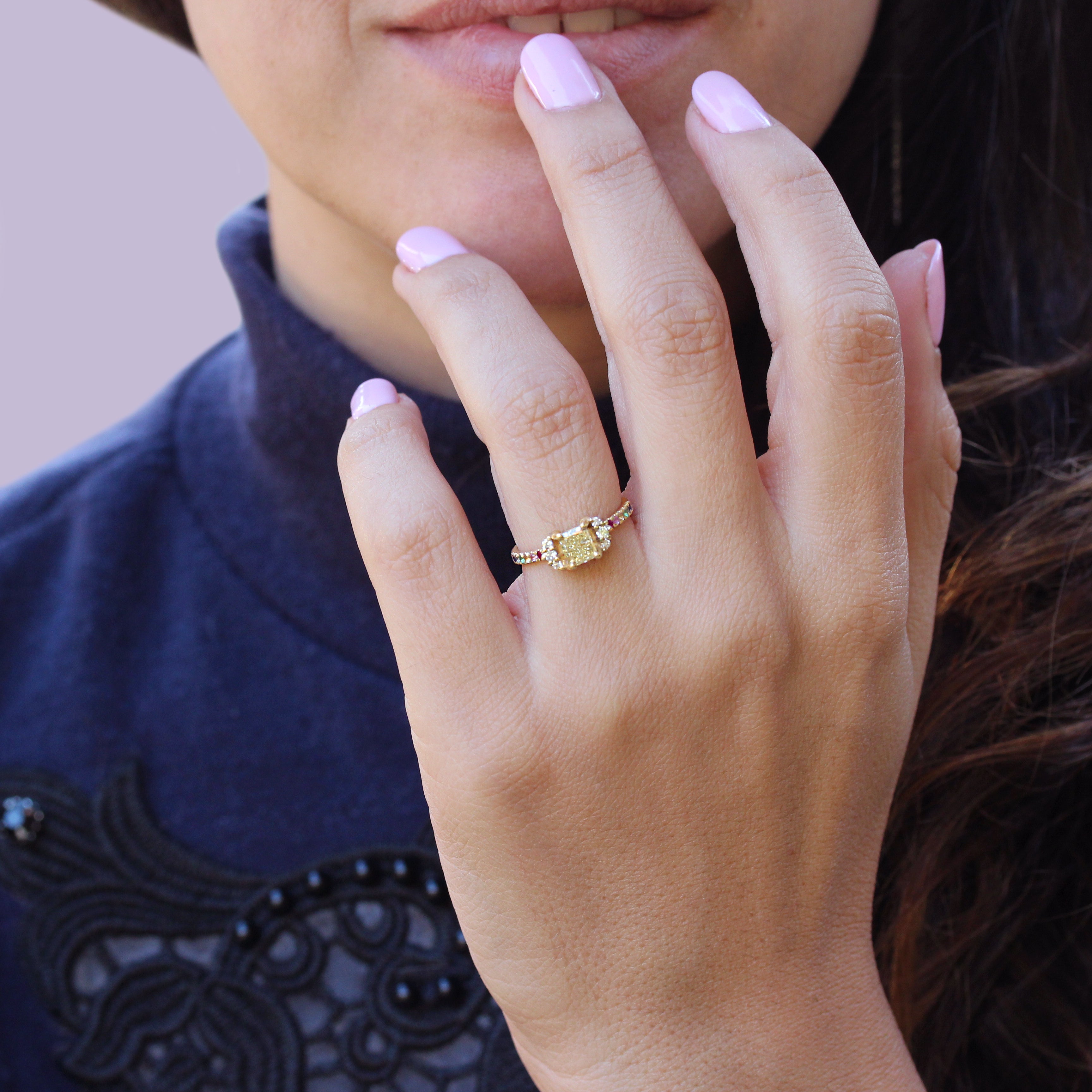 Parvati Princess Cut Yellow Diamond Engagement Ring With Colorful Gemstone Rainbow on Band - sillyshinydiamonds