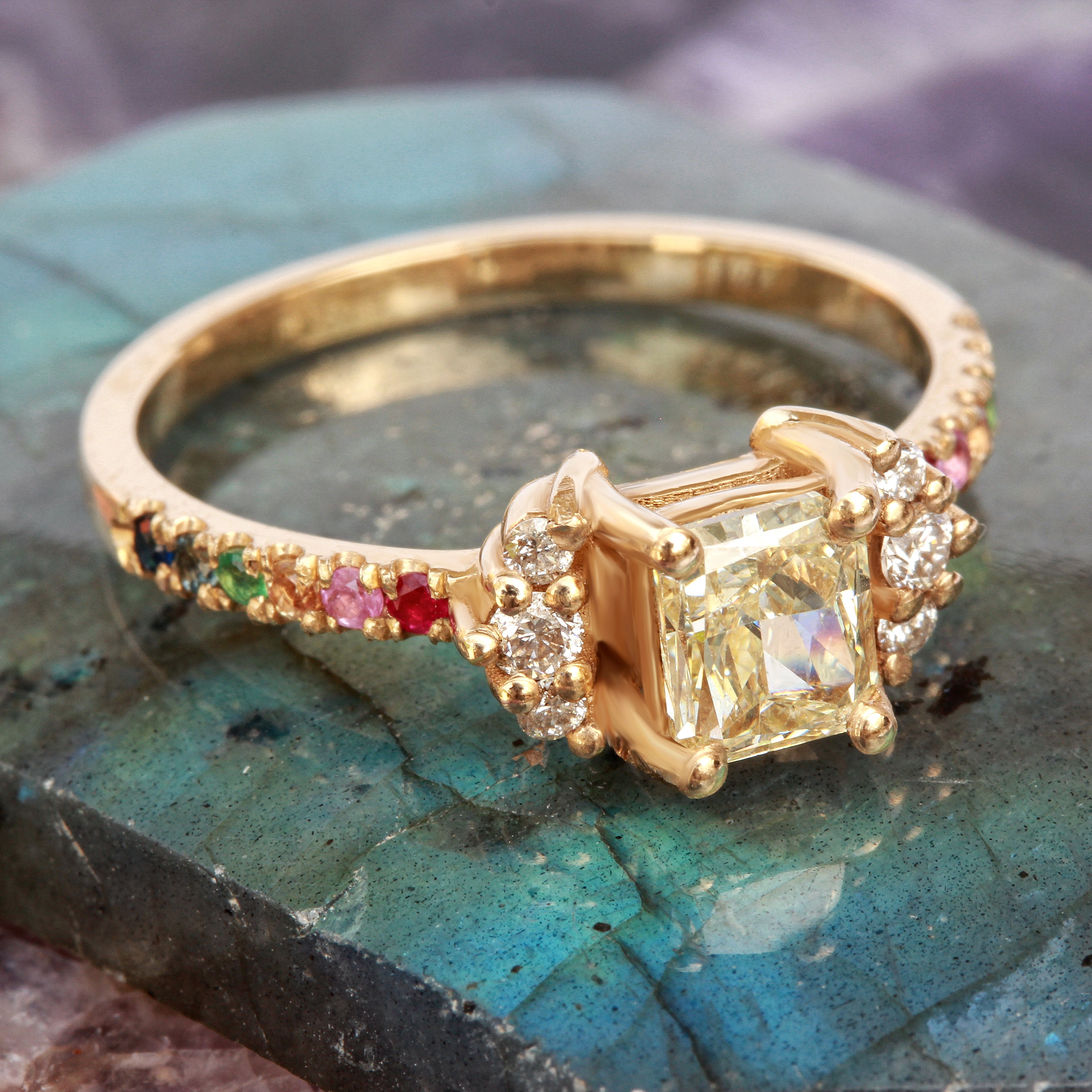Parvati Princess Cut Yellow Diamond Engagement Ring With Colorful Gemstone Rainbow on Band - sillyshinydiamonds