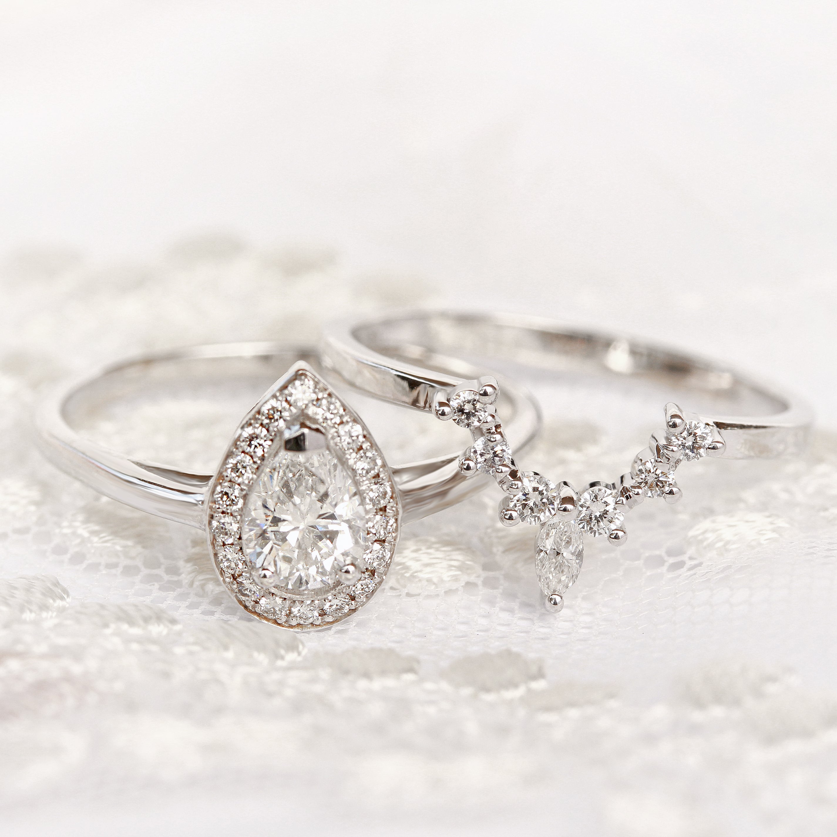 Pear Diamond 0.75ct Halo Engagement Ring  & Romi Diamond wedding side ring - sillyshinydiamonds