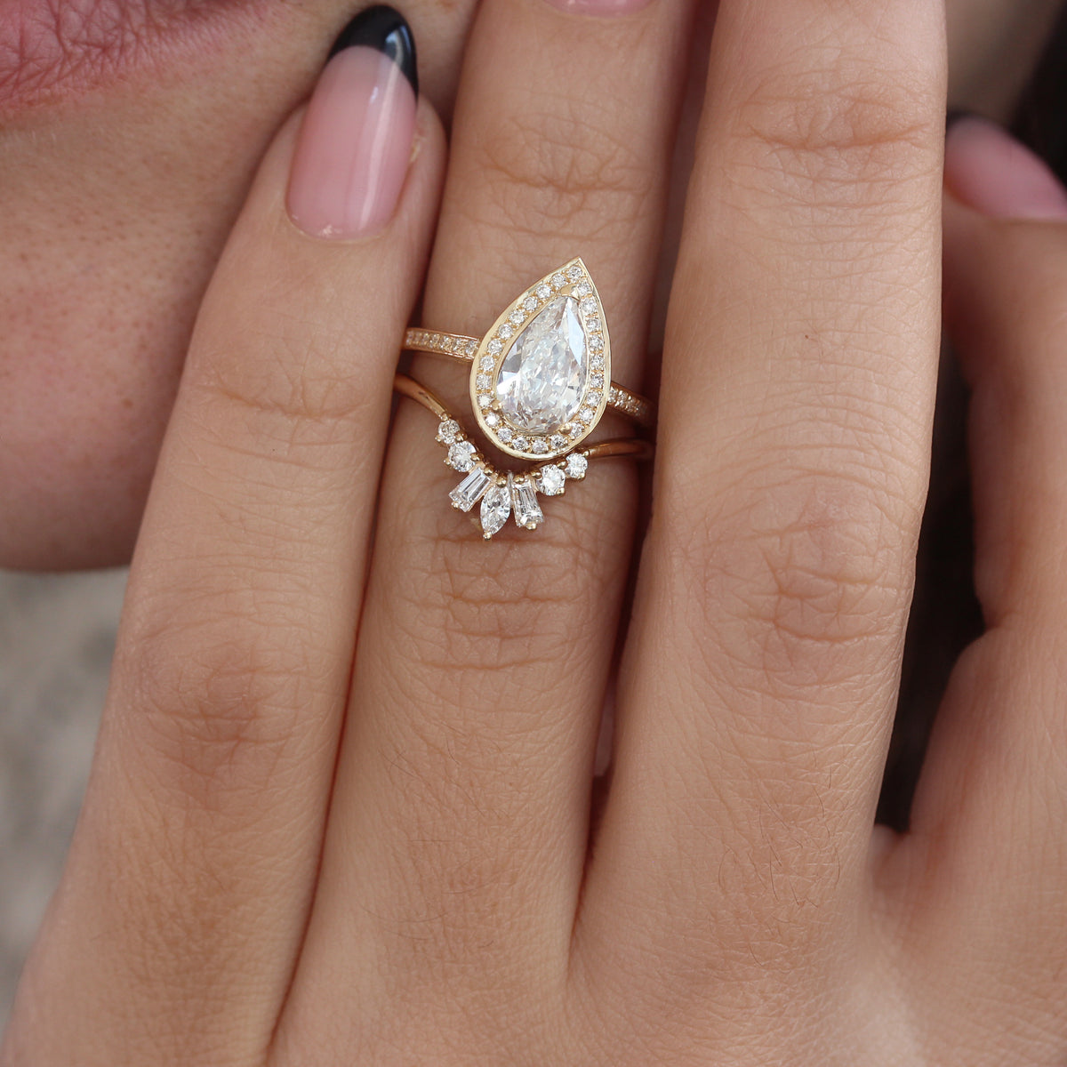 Pear Diamond Engagement Ring With Nesting Sideband, Bridal Two Rings S ...