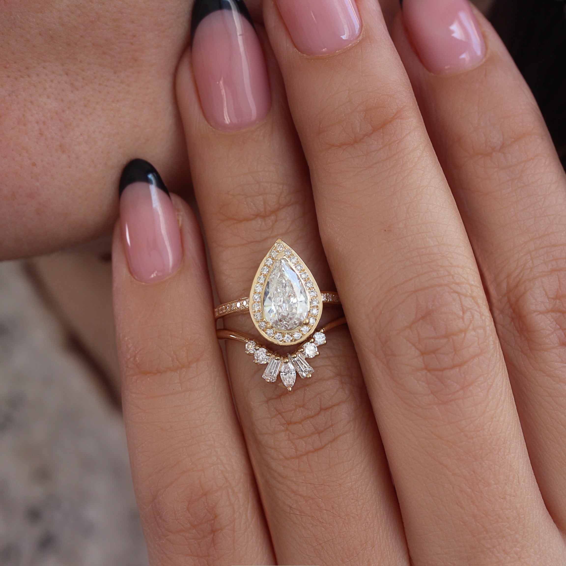 Pear Diamond Engagement Ring With Nesting Sideband, Bridal Two Rings Set - "Nia" & "Ally V"
