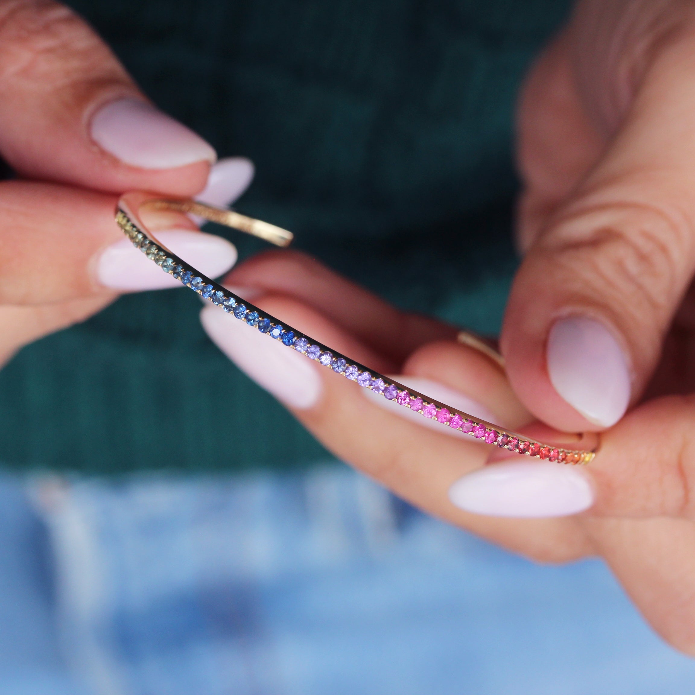 Rainbow gemstones thin cuff bangle bracelet
