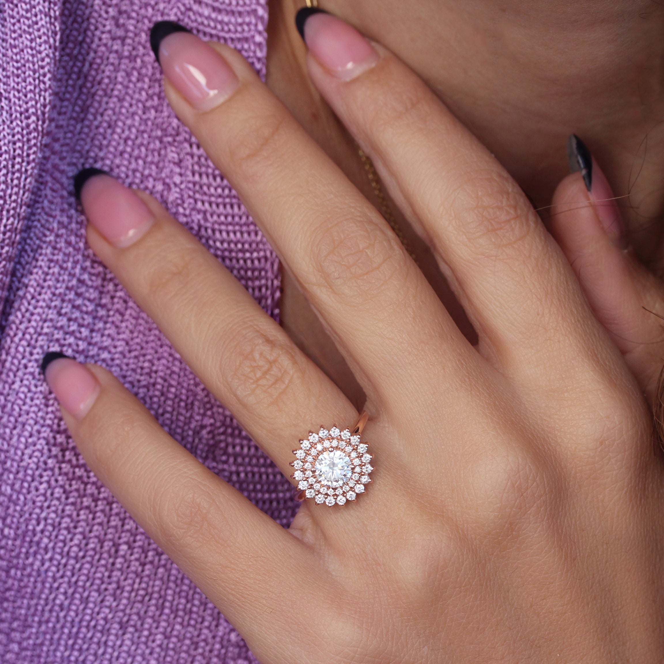 Round Diamond Double Halo Ballerina Engagement Ring - Veronica - 14K Rose Gold, Sizes 5-8, READY TO SHIP!