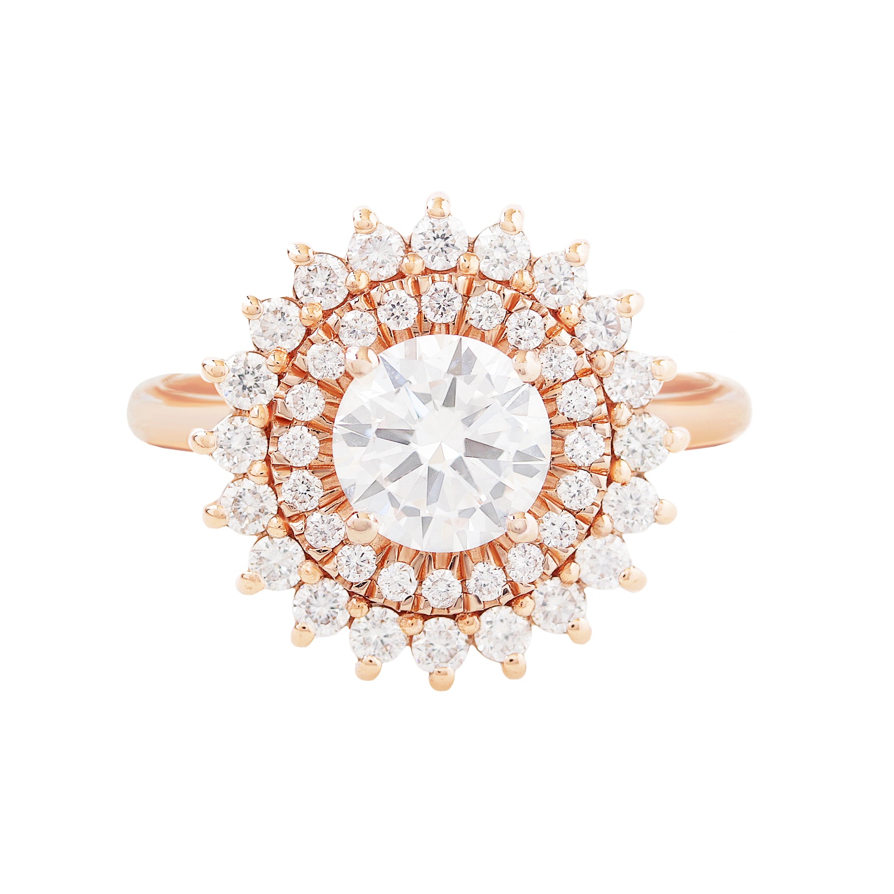 Round Diamond Double Halo Ballerina Engagement Ring - Veronica - 14K Rose Gold, Sizes 5-8, READY TO SHIP!