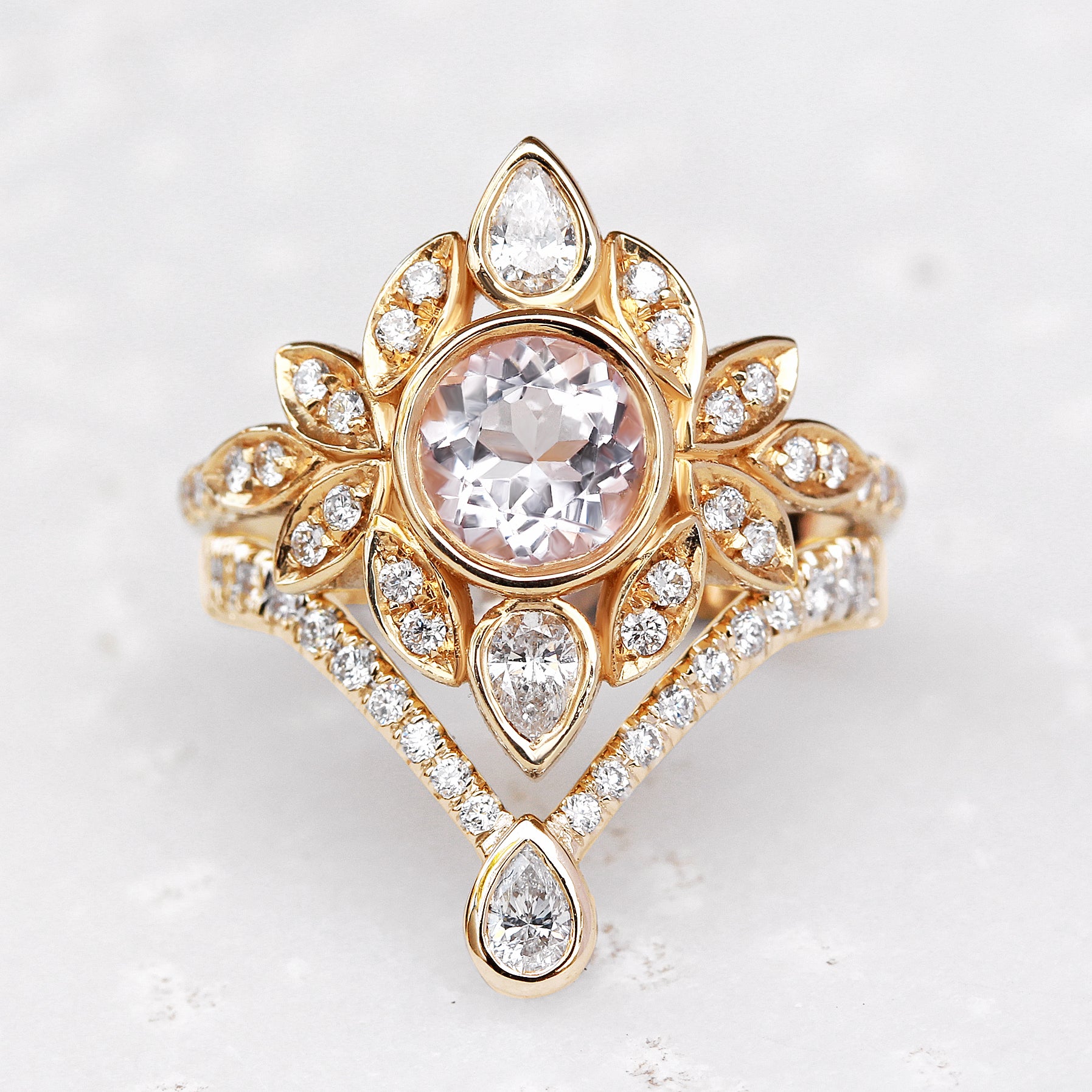 Deep V chevron diamond ring with Pear diamond tip - sillyshinydiamonds