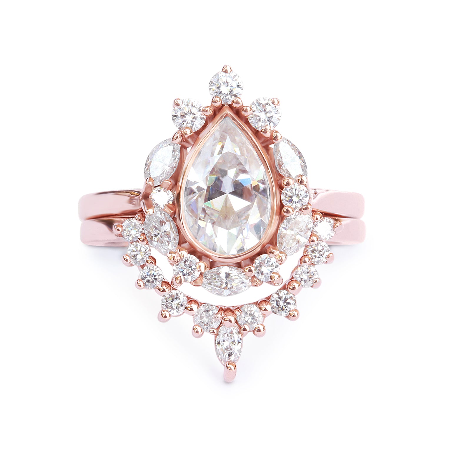 Pear Moissanite & Unique Diamonds Halo Engagement Rings Set Ballerina - sillyshinydiamonds