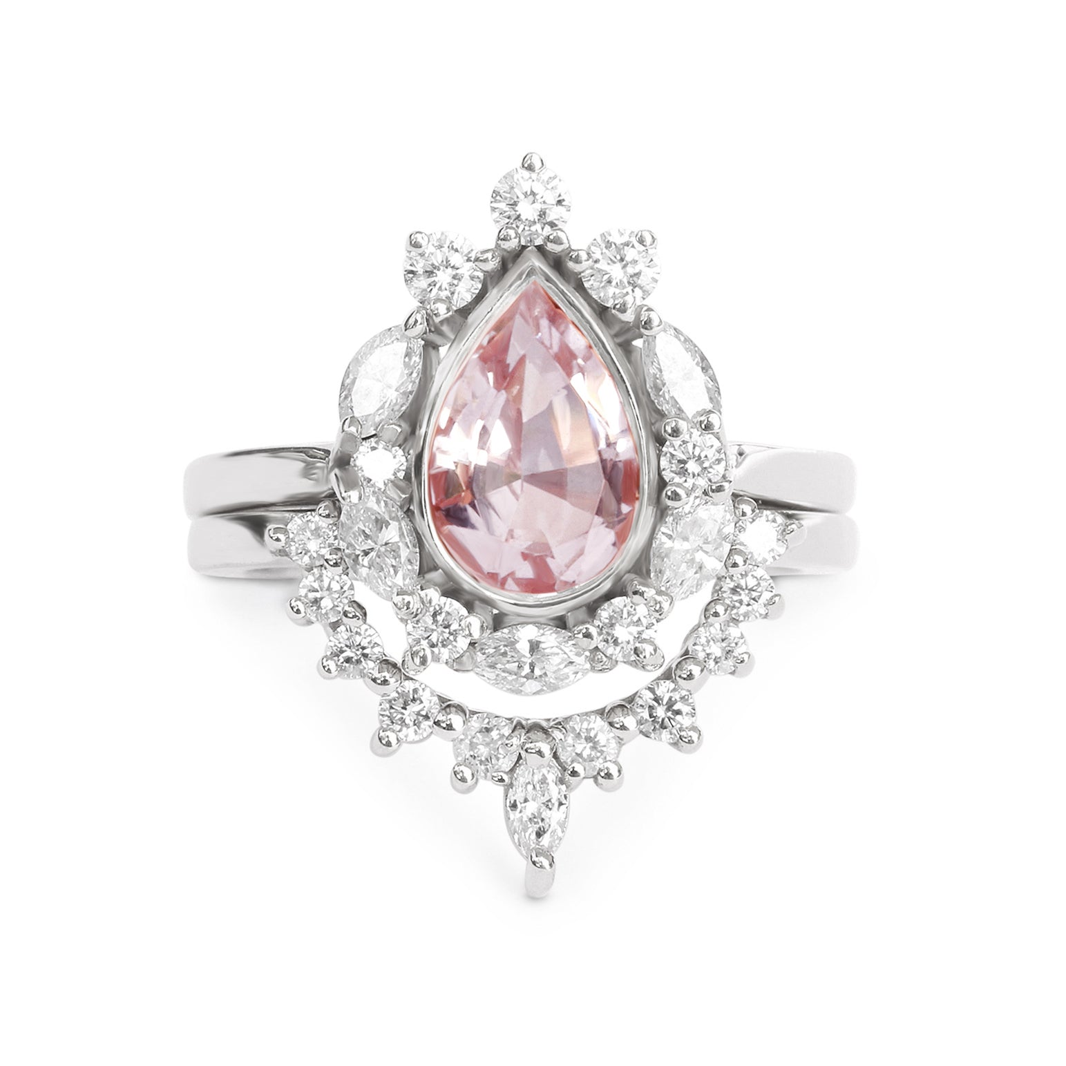 Pear Morganite & Unique Diamonds Halo Engagement Rings Set Ballerina - sillyshinydiamonds