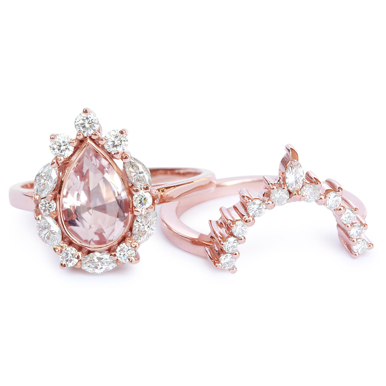 Pear Morganite & Unique Diamonds Halo Engagement Rings Set Ballerina - sillyshinydiamonds