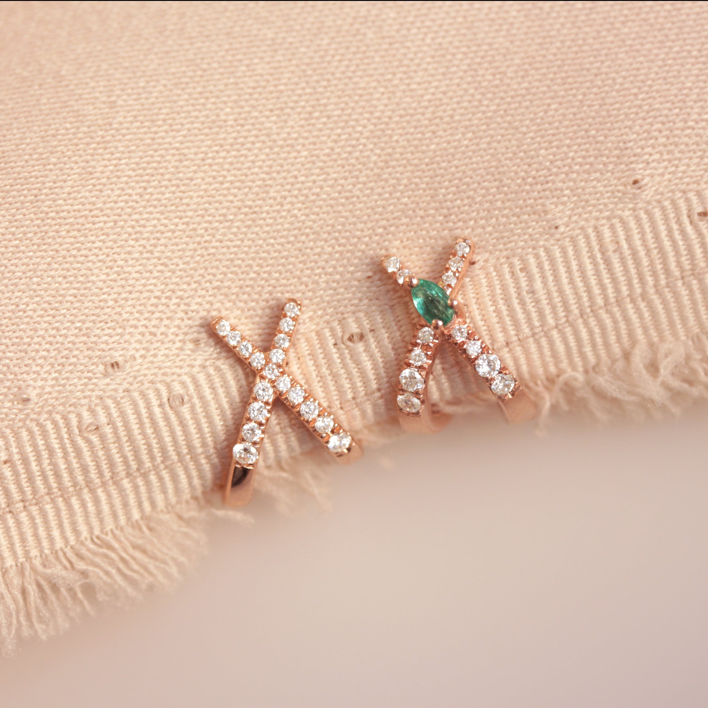 X Huggie Diamond Earrings with Pear-Shaped Emerald