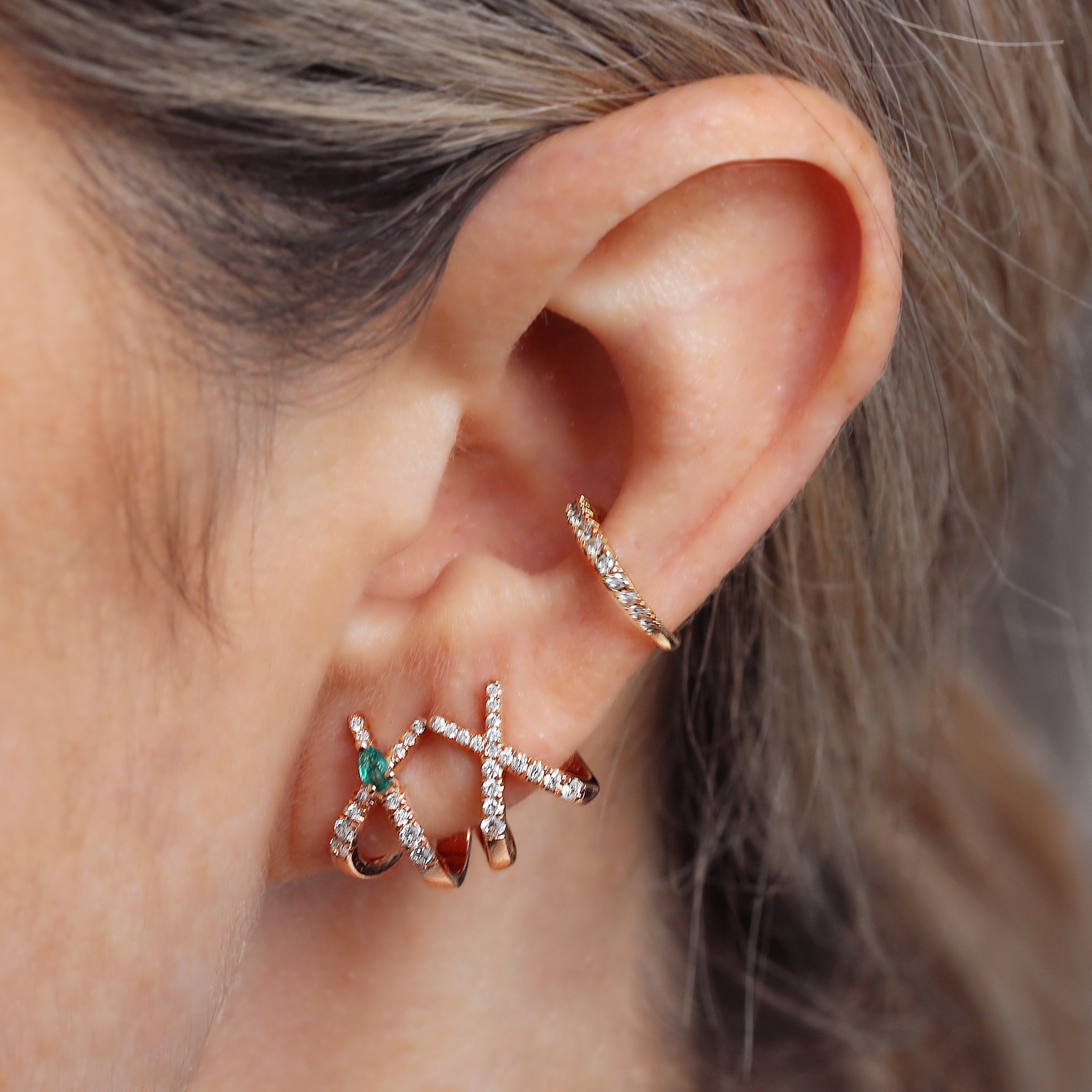 X Huggie Diamond Earrings with Pear-Shaped Emerald