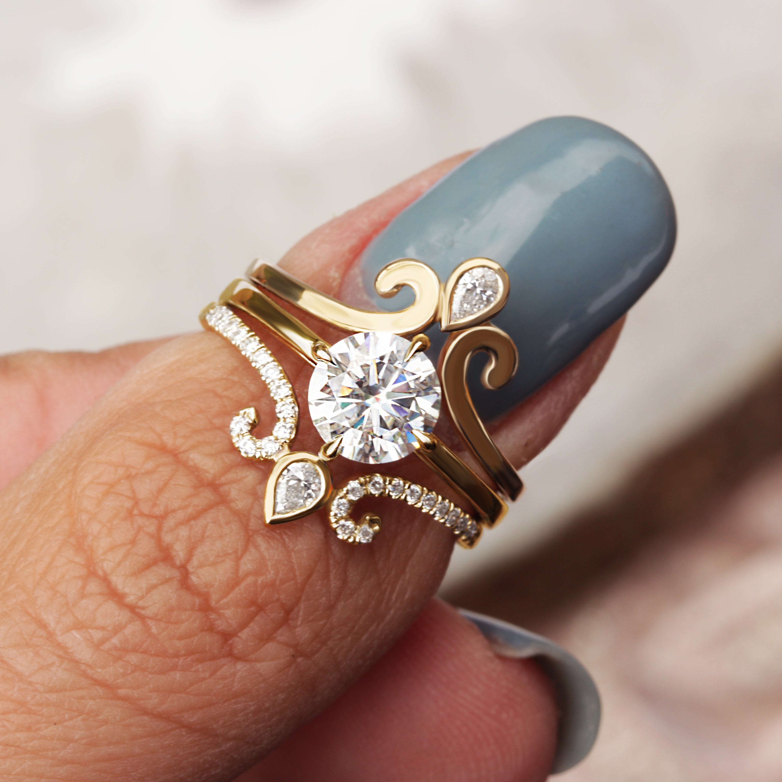 Moissanite & Pear Diamond Unique Engagement Ring Set, 14K Rose Gold, Forever One Moissanite Weeding Ring, East West Ariana - sillyshinydiamonds