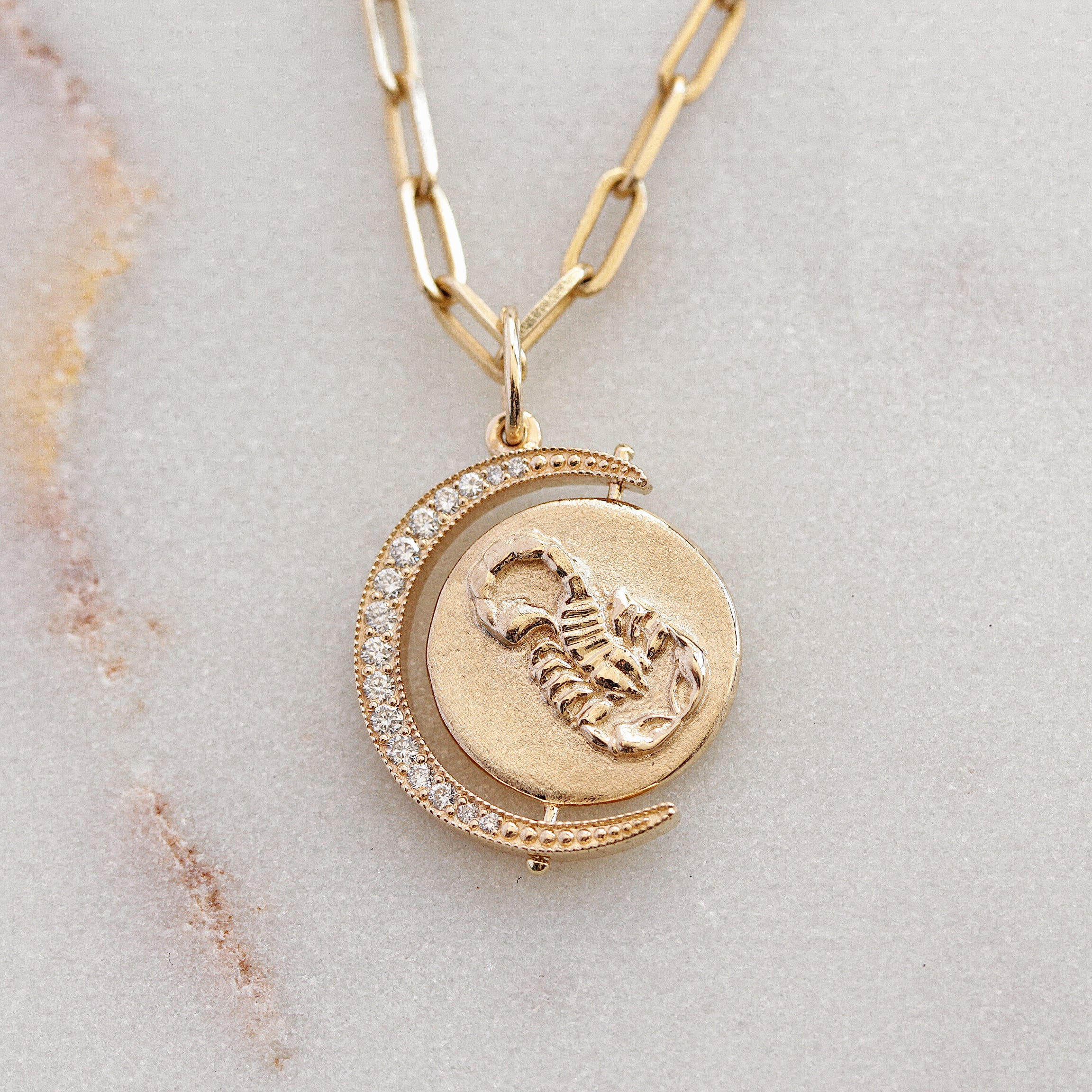 Astrology Signs Spinning Diamond Crescent Coin Pendant Written In The Stars