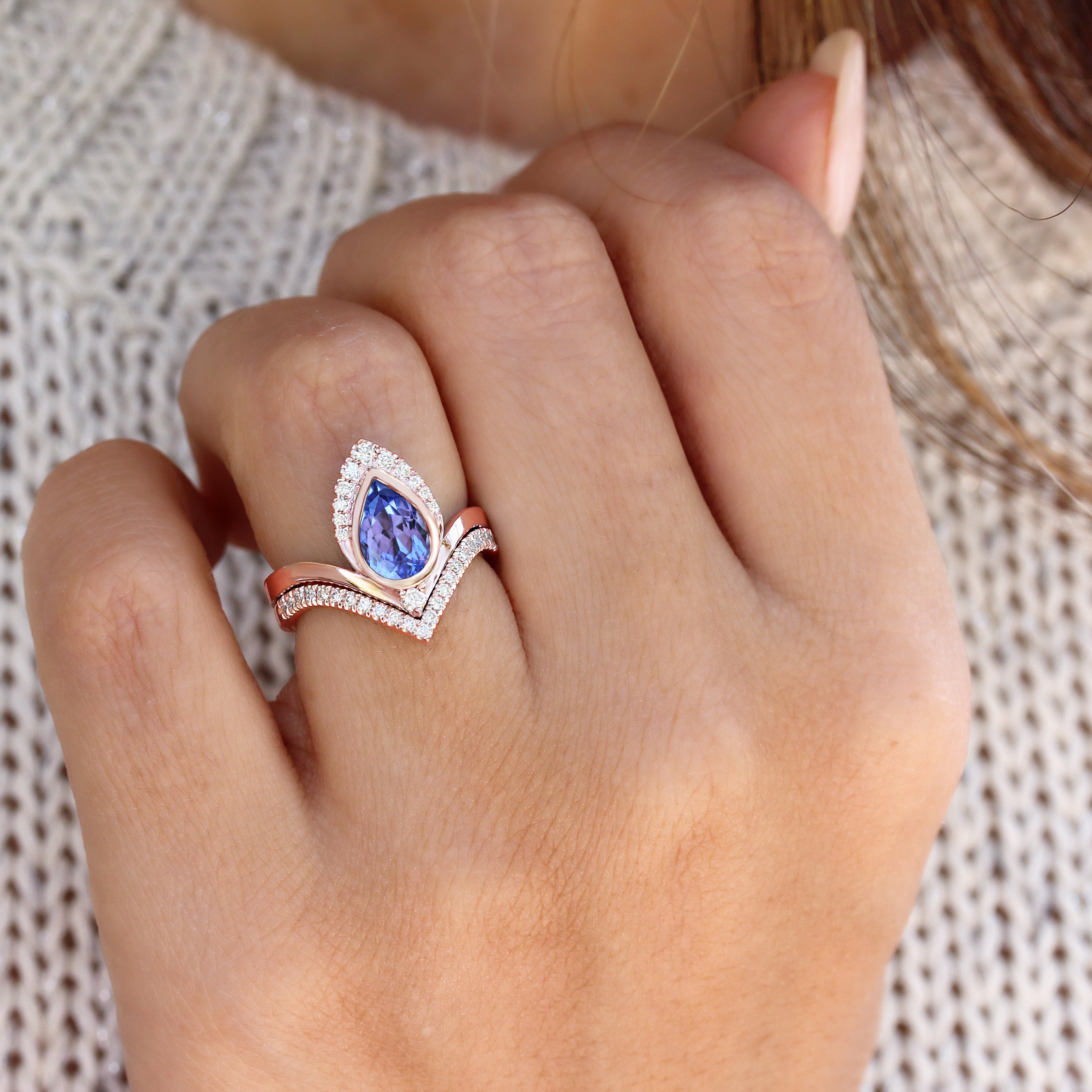 Pear Tanzanite & Diamonds Unique Engagement Ring Set, Atyasha - sillyshinydiamonds