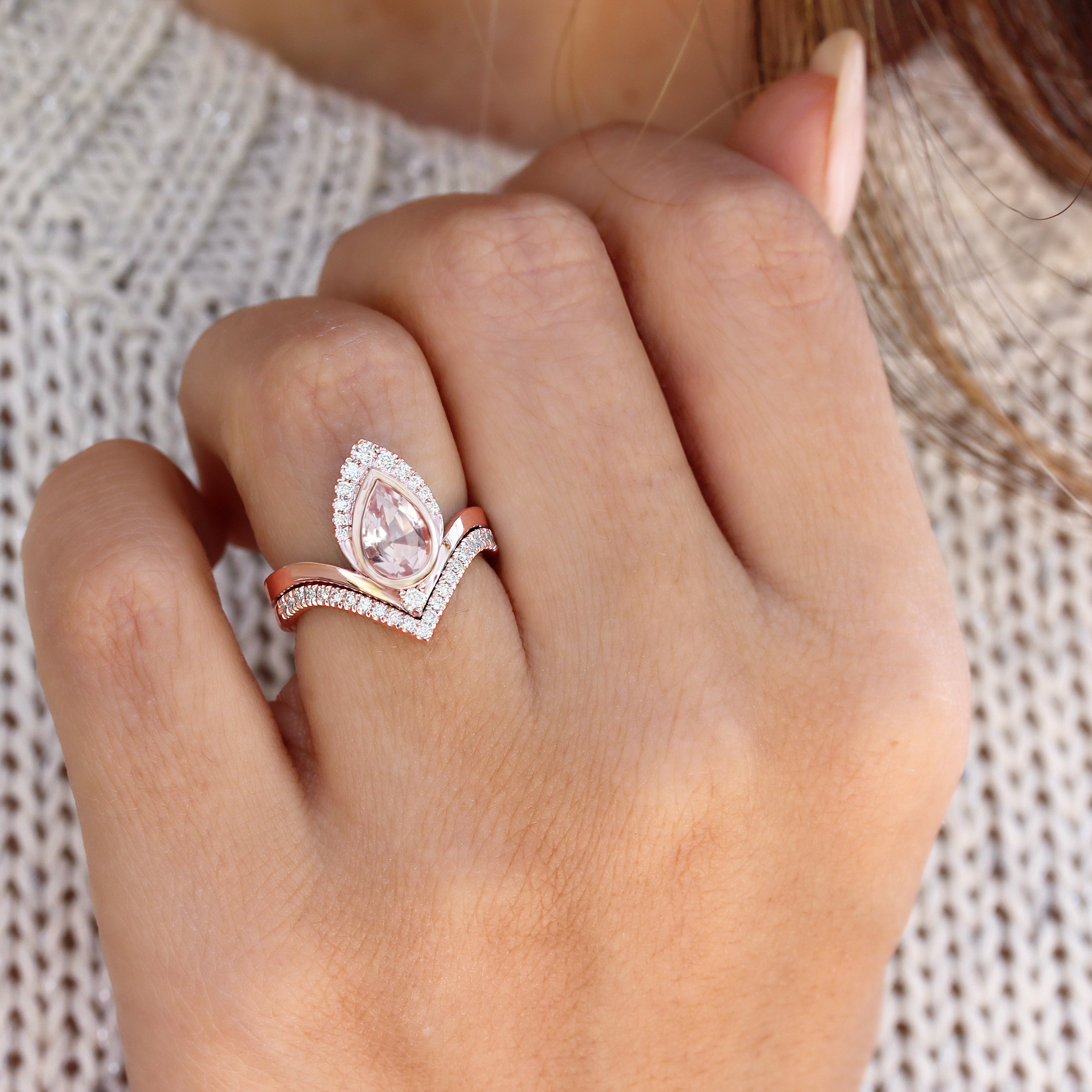 Pear Morganite & Diamonds Unique Engagement Ring Set Atyasha V - sillyshinydiamonds