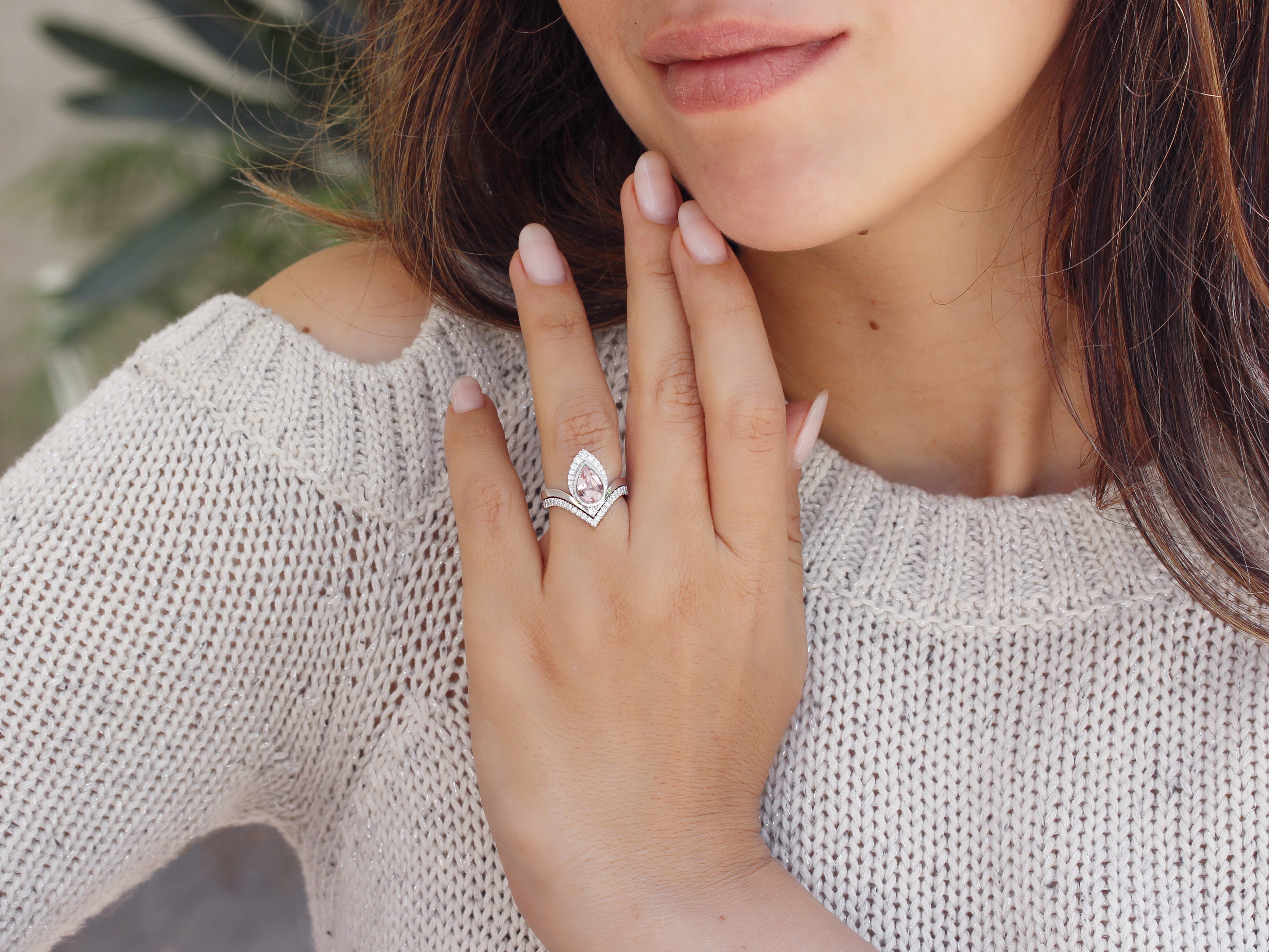 Pear Morganite & Diamonds Unique Engagement Ring Set Atyasha V - sillyshinydiamonds