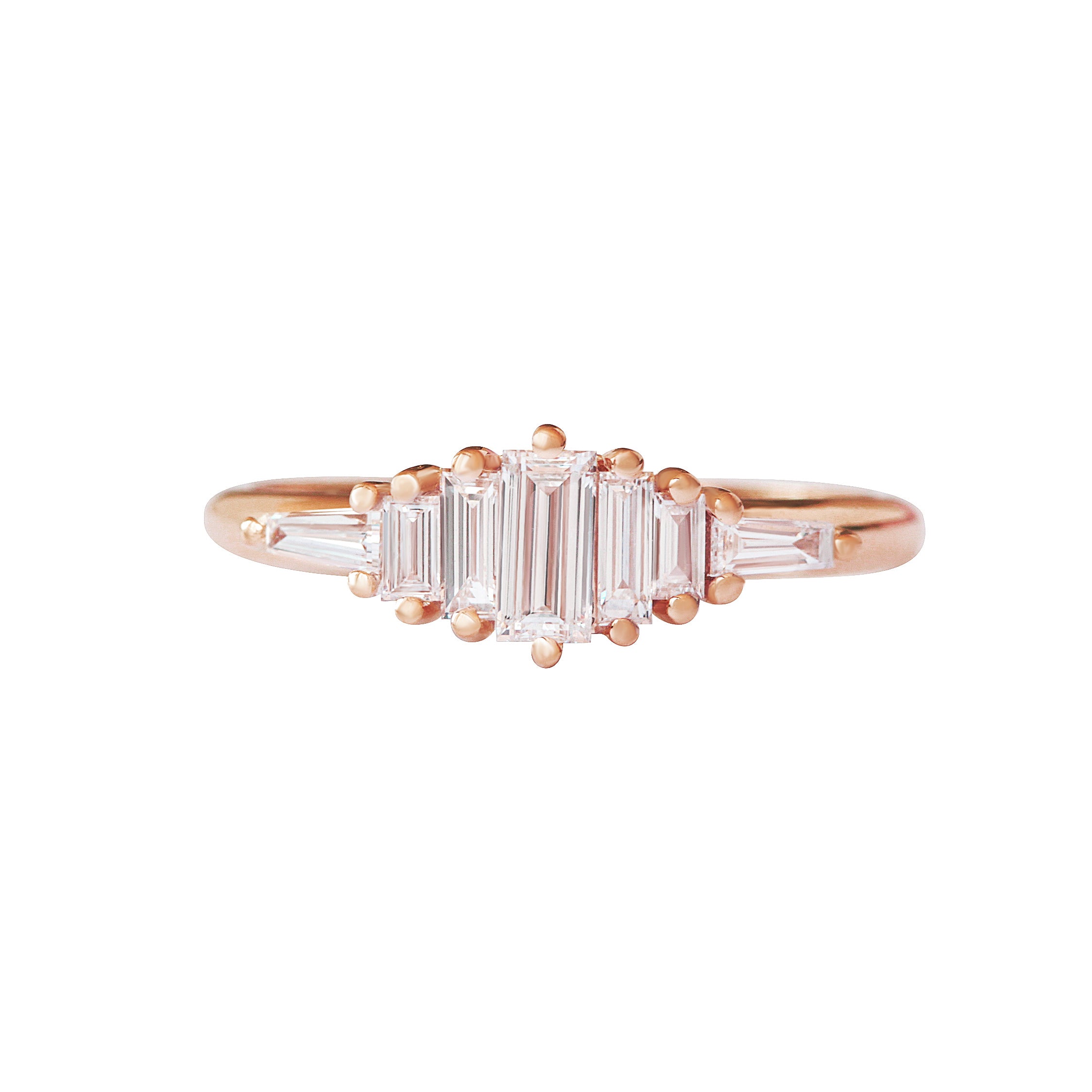 14K rose gold diamond ring with baguette and tapper diamonds