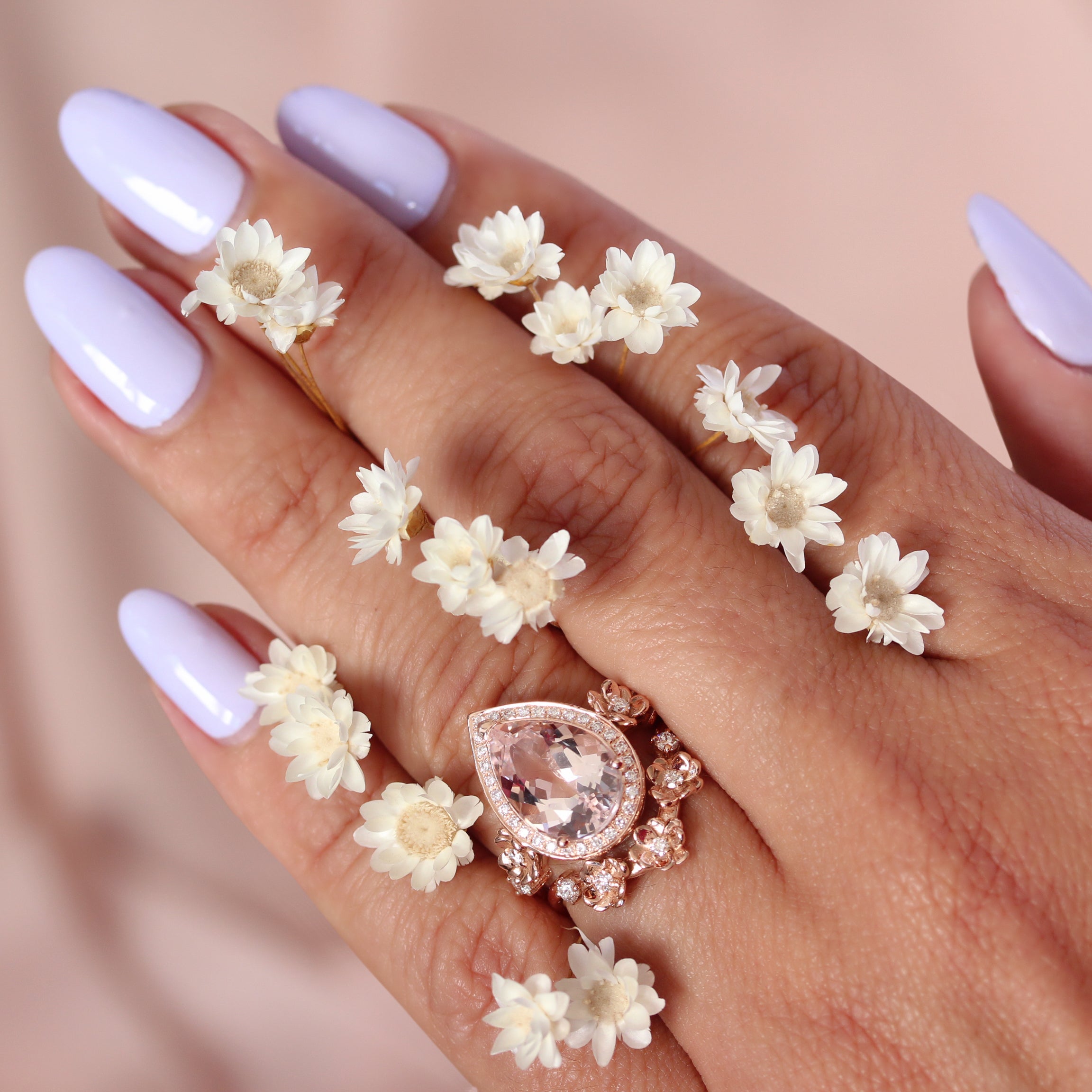 Big Pear Morganite and Flowers Diamond Sideband, Wedding Ring Set-  "Antheia Flower" ♥